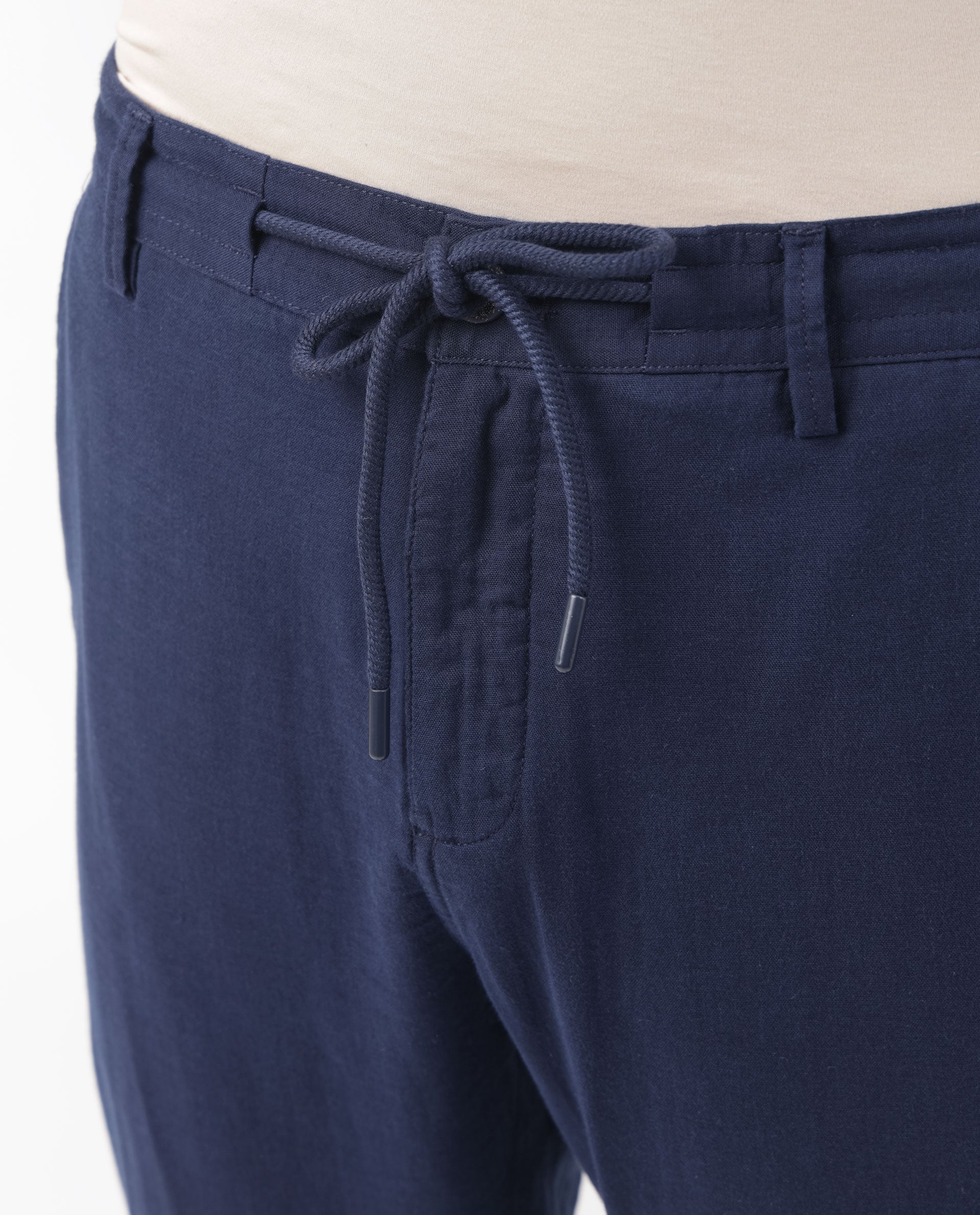 Rare Rabbit Men's Pastor Dark Blue Solid Mid-Rise With Drawstring And Elastic Waistband Regular Fit Trouser