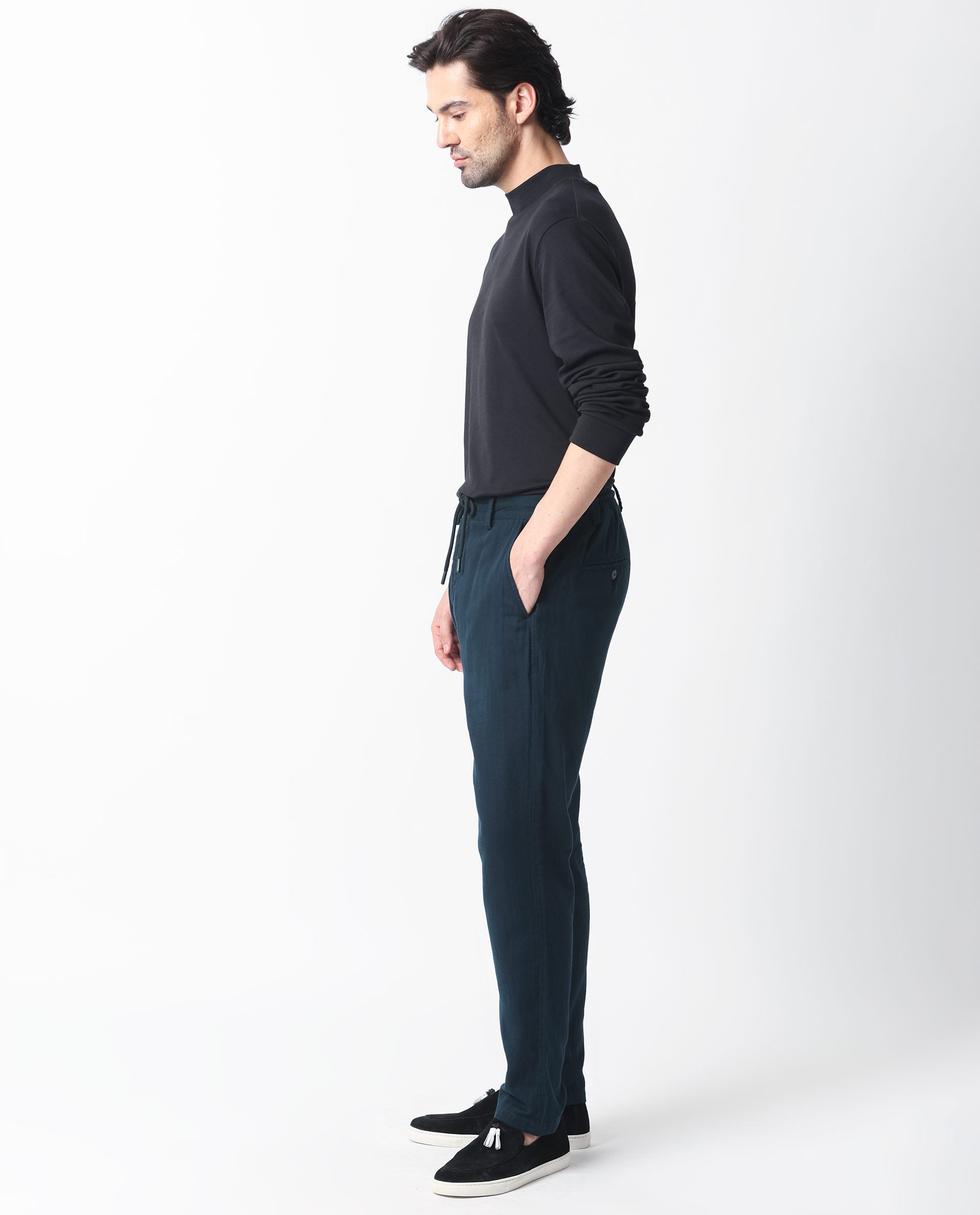Rare Rabbit Men's Pastor Dark Petrol Solid Mid-Rise With Drawstring And Elastic Waistband Regular Fit Trouser