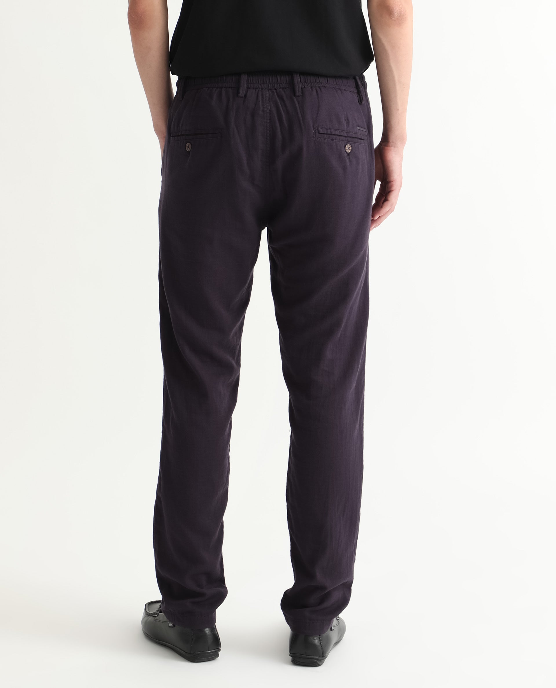 Rare Rabbit Men's Pastor Dark Purple Solid Mid-Rise With Drawstring And Elastic Waistband Regular Fit Trouser