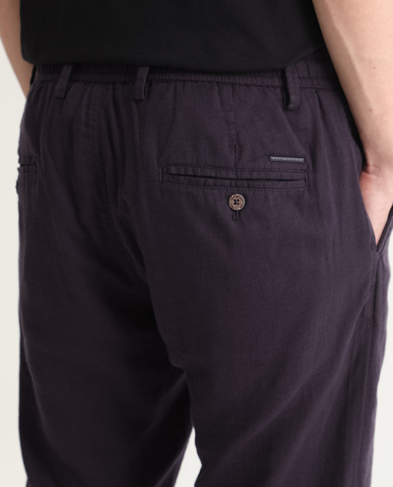 Rare Rabbit Men's Pastor Dark Purple Solid Mid-Rise With Drawstring And Elastic Waistband Regular Fit Trouser