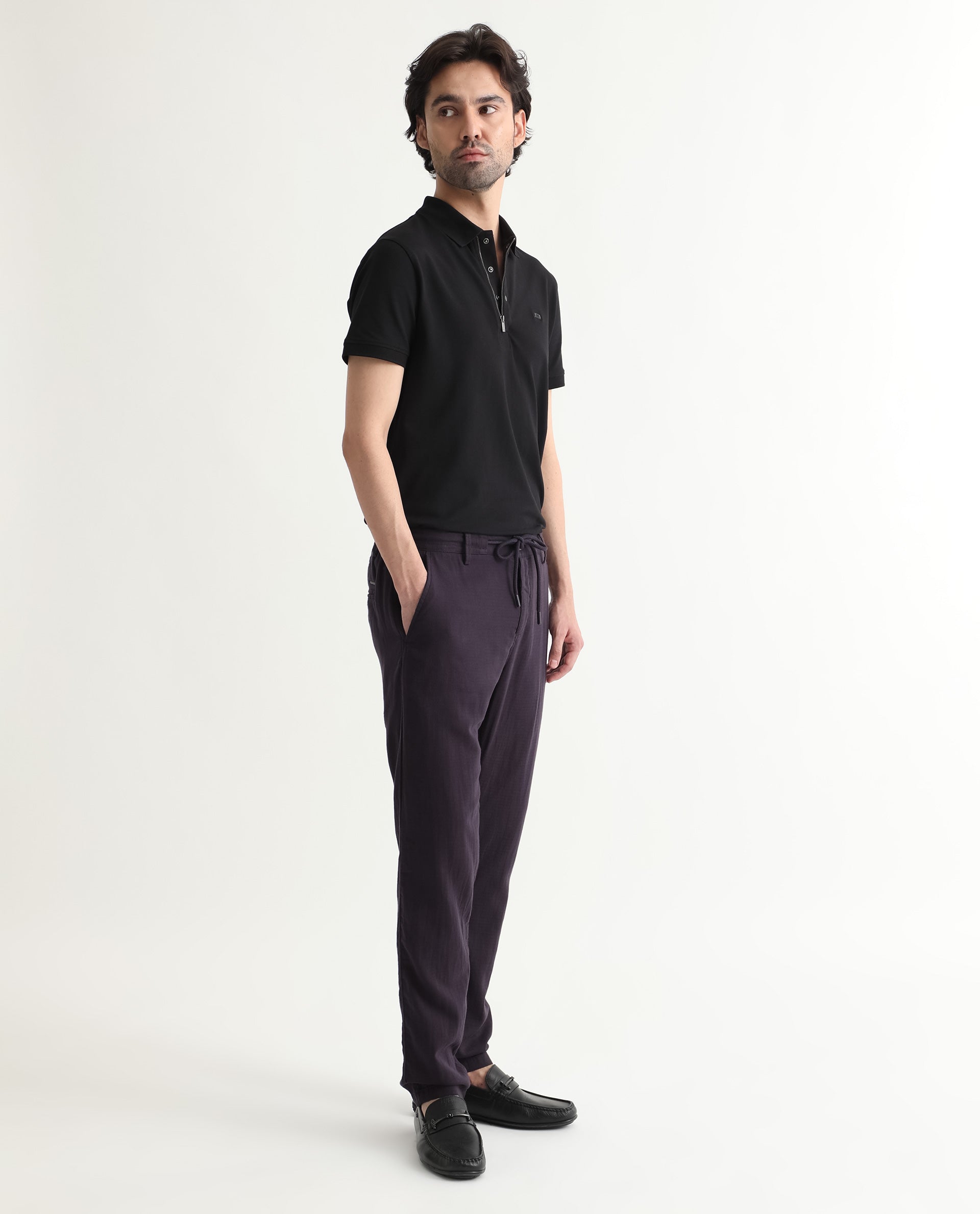 Rare Rabbit Men's Pastor Dark Purple Solid Mid-Rise With Drawstring And Elastic Waistband Regular Fit Trouser