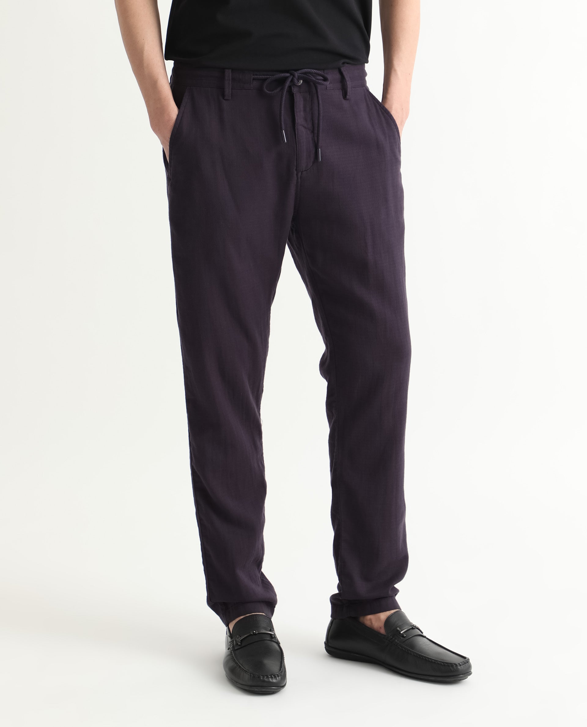 Rare Rabbit Men's Pastor Dark Purple Solid Mid-Rise With Drawstring And Elastic Waistband Regular Fit Trouser