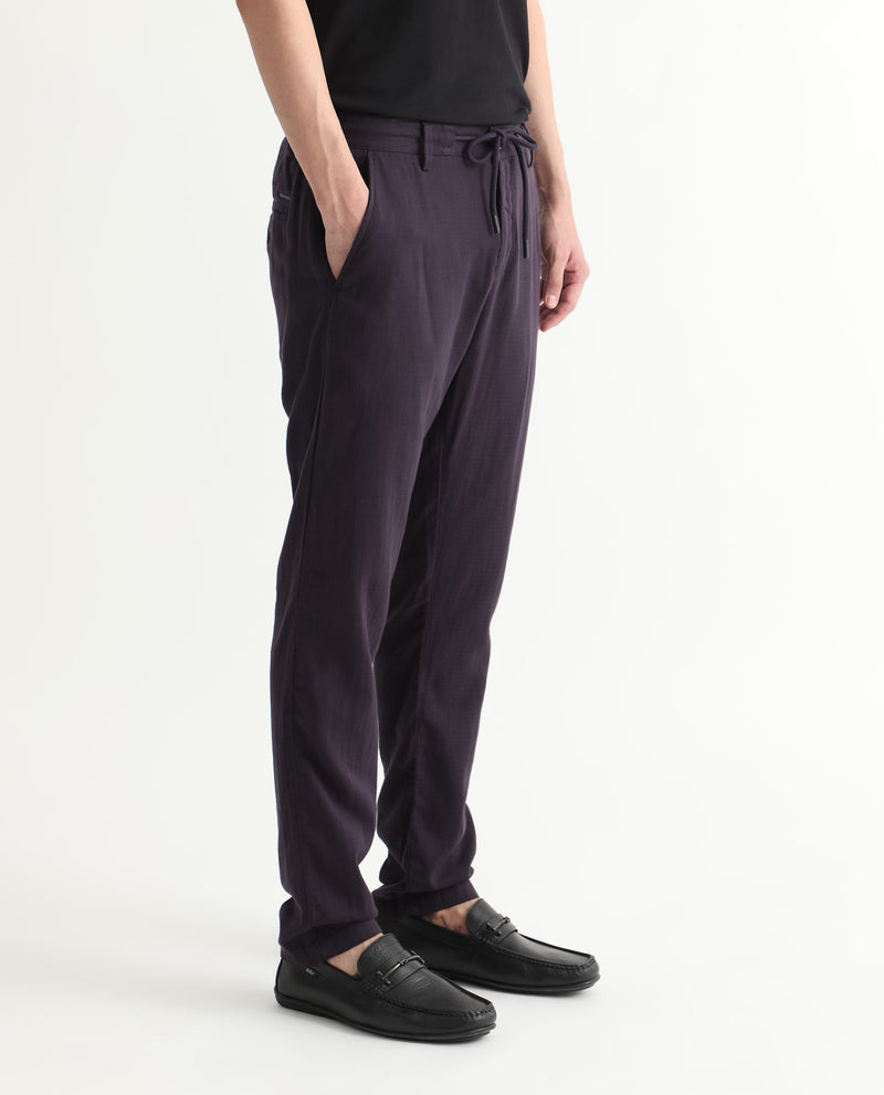 Rare Rabbit Men's Pastor Dark Purple Solid Mid-Rise With Drawstring And Elastic Waistband Regular Fit Trouser