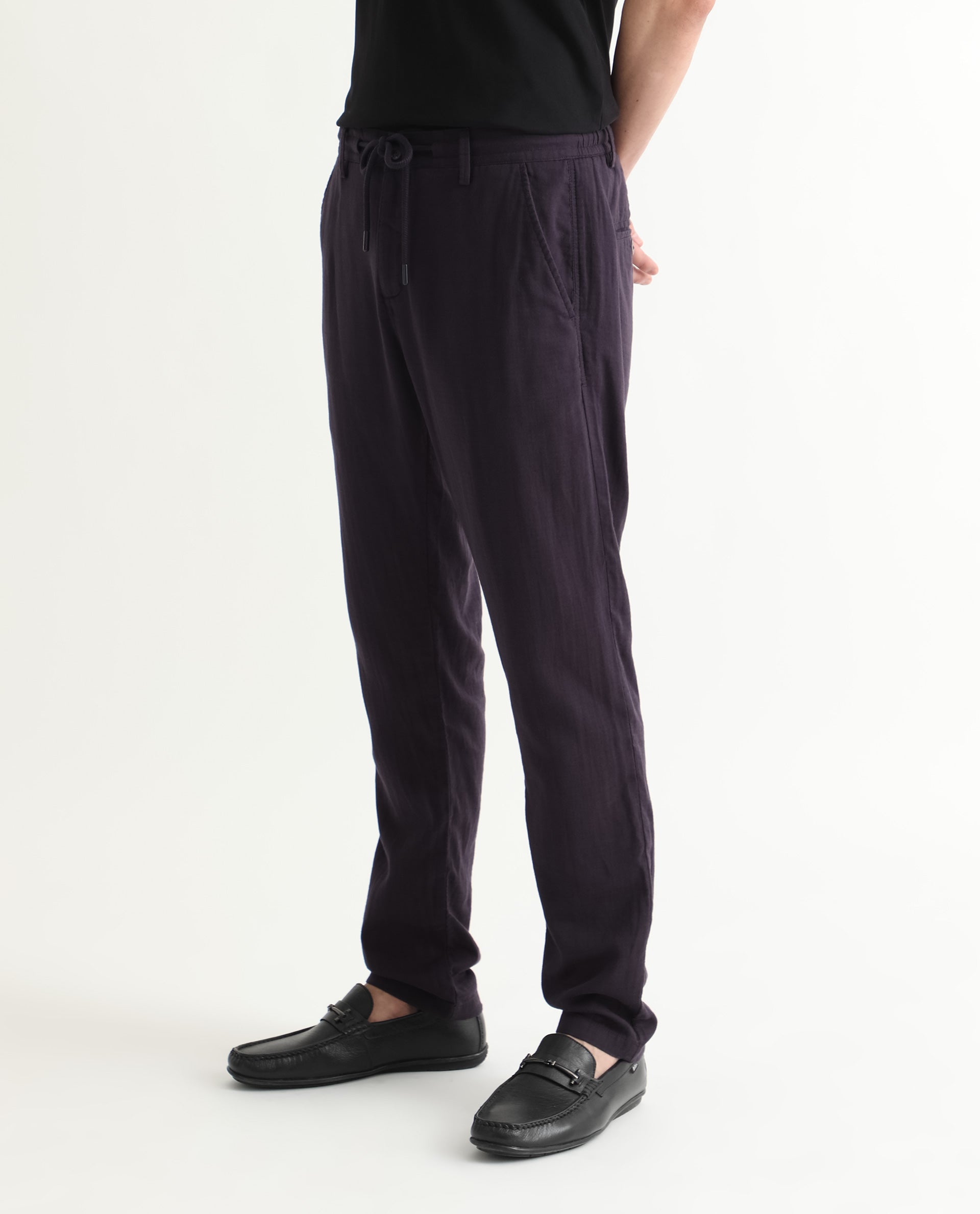 Rare Rabbit Men's Pastor Dark Purple Solid Mid-Rise With Drawstring And Elastic Waistband Regular Fit Trouser