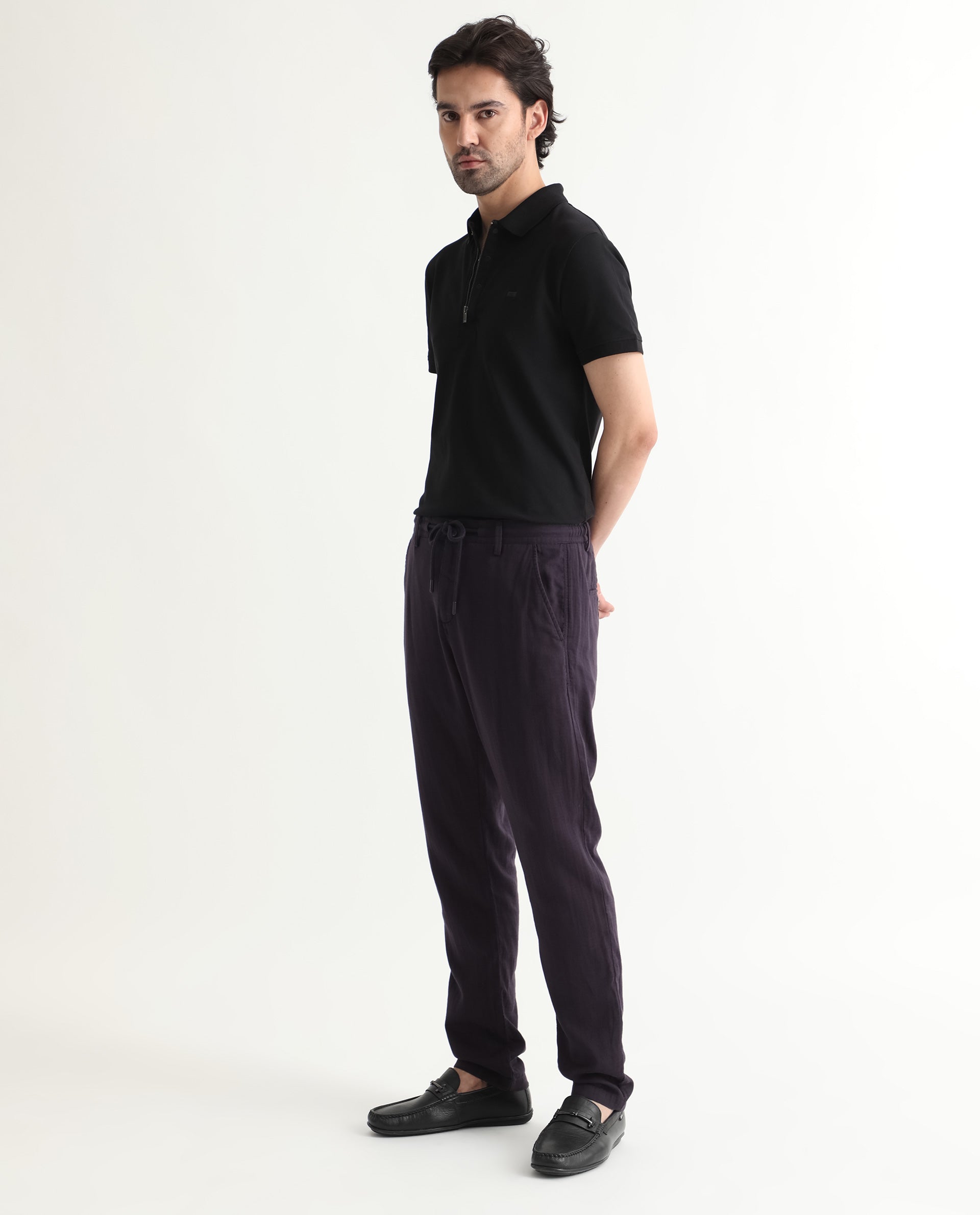Rare Rabbit Men's Pastor Dark Purple Solid Mid-Rise With Drawstring And Elastic Waistband Regular Fit Trouser