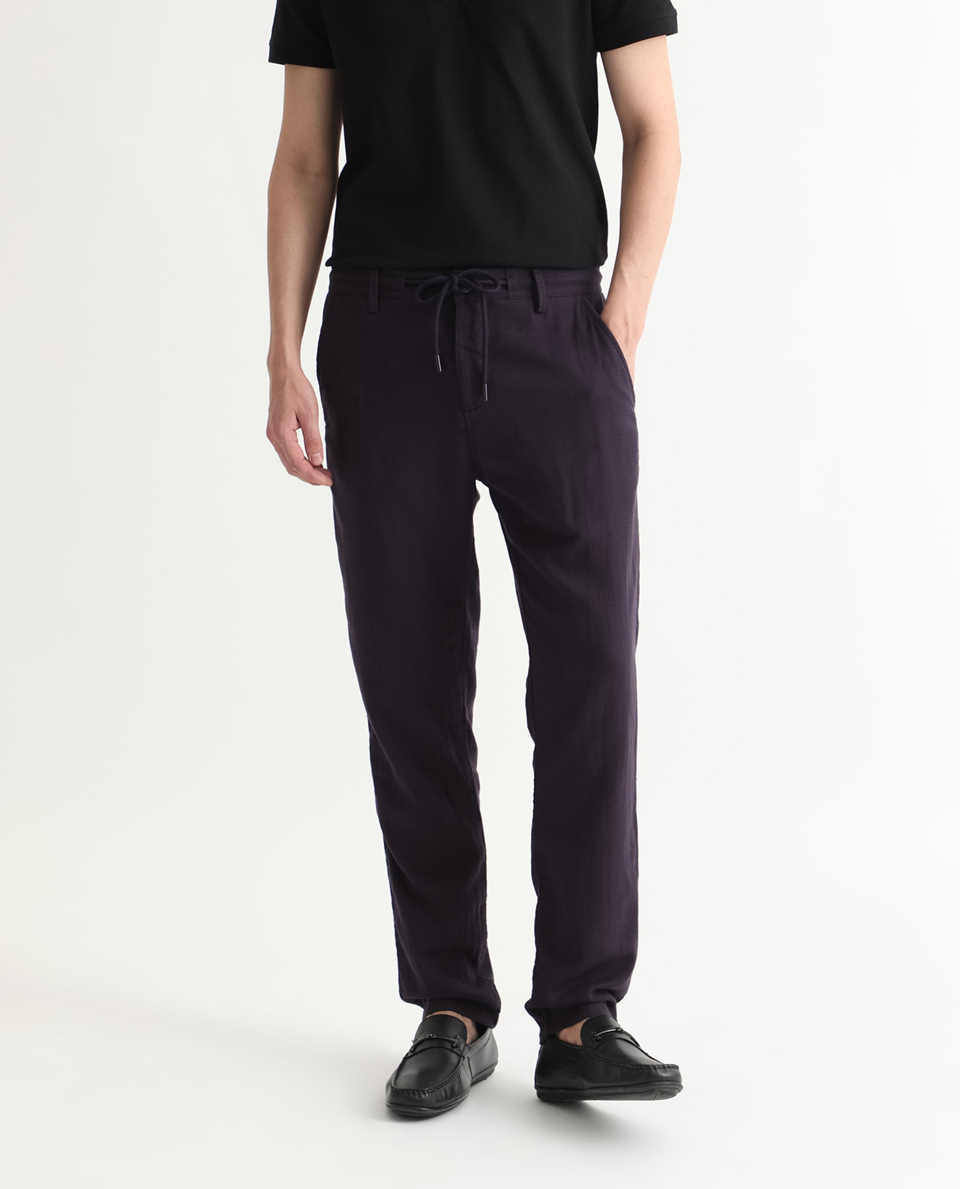 Rare Rabbit Men's Pastor Dark Purple Solid Mid-Rise With Drawstring And Elastic Waistband Regular Fit Trouser