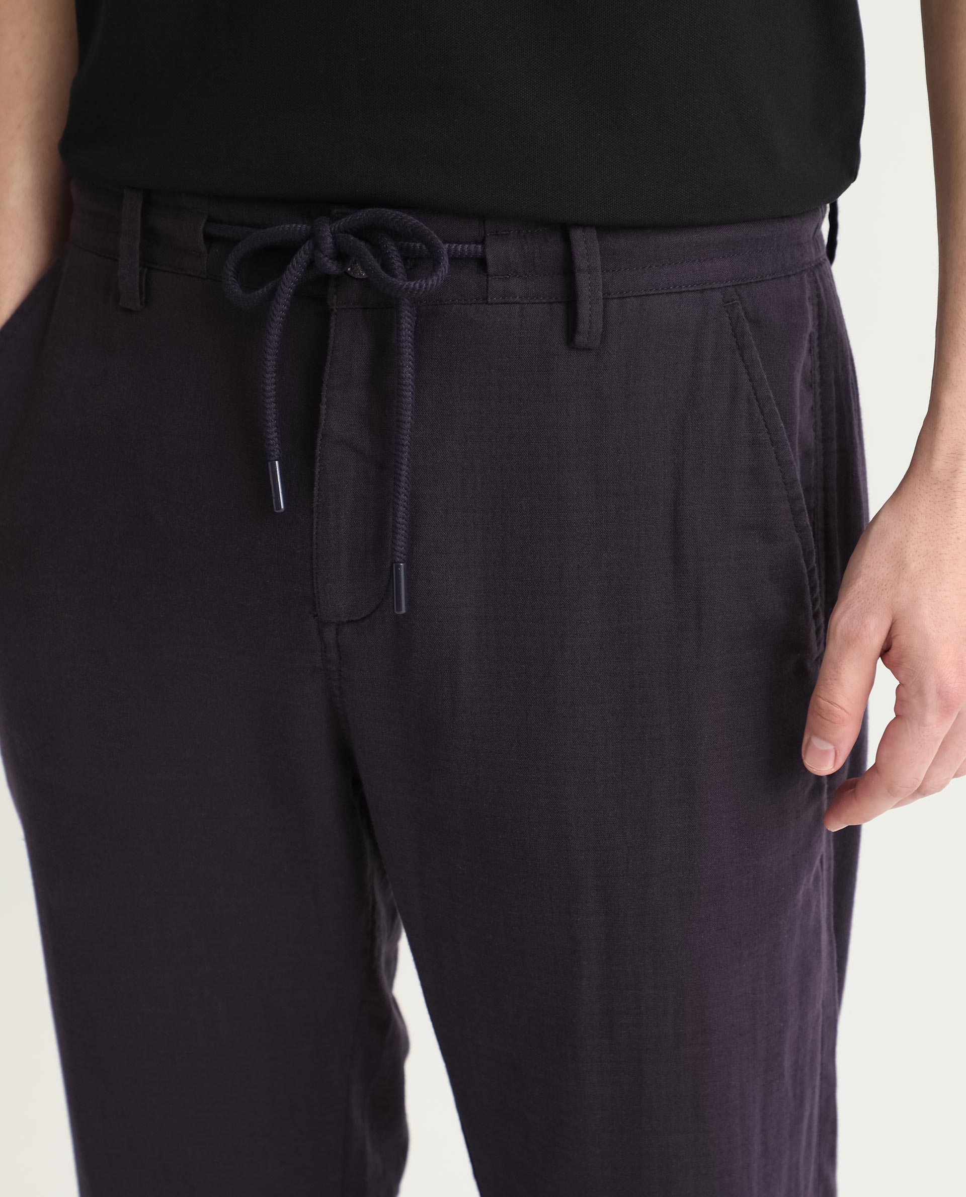 Rare Rabbit Men's Pastor Dark Purple Solid Mid-Rise With Drawstring And Elastic Waistband Regular Fit Trouser