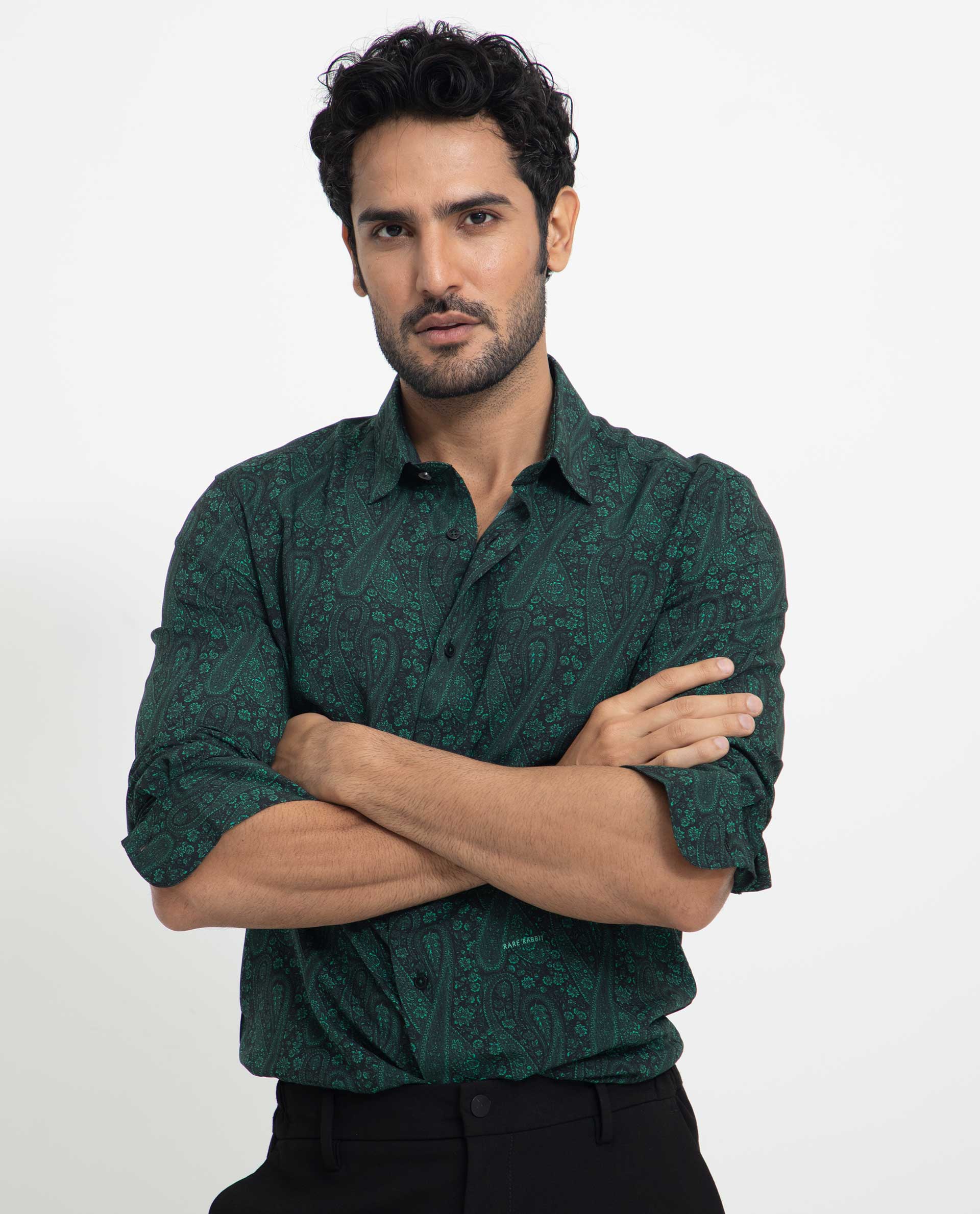 Rare Rabbit Men's Pat Green Viscose Fabric Full Sleeves Paisley Print Shirt