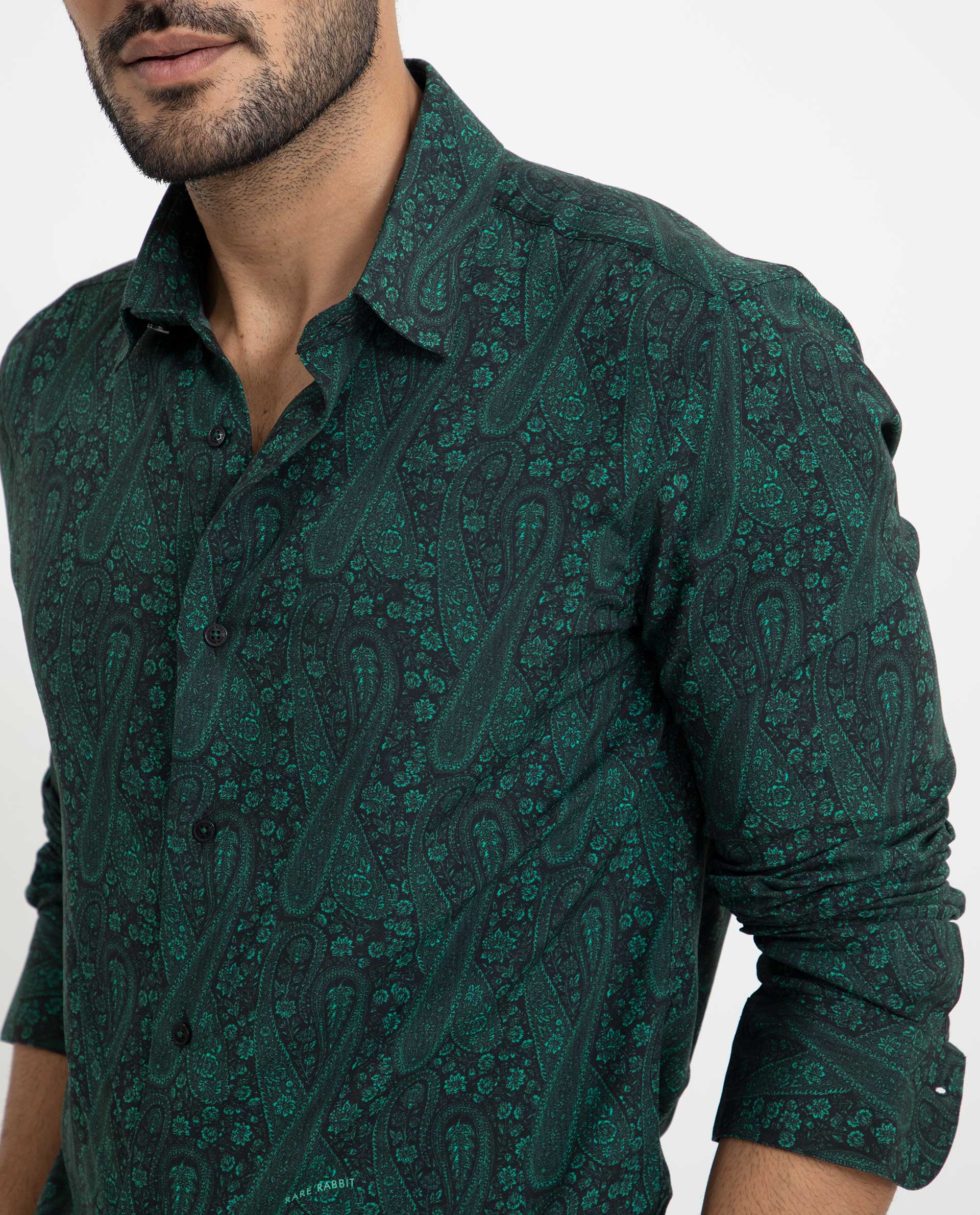 Rare Rabbit Men's Pat Green Viscose Fabric Full Sleeves Paisley Print Shirt