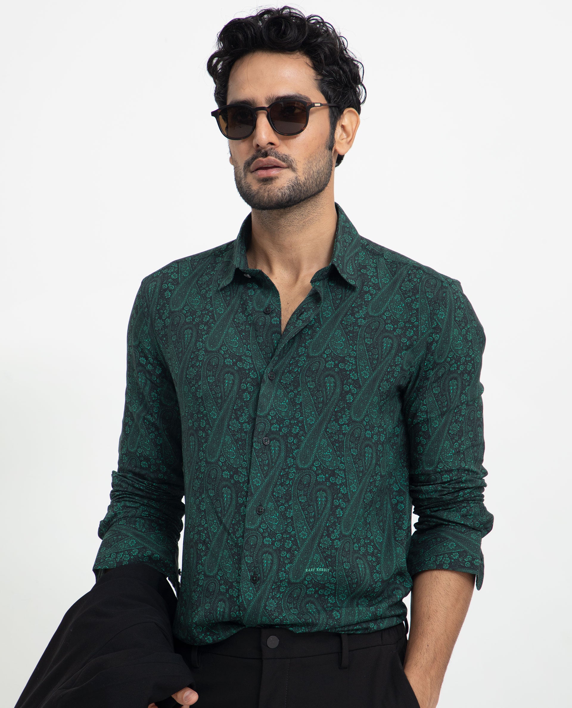 Rare Rabbit Men's Pat Green Viscose Fabric Full Sleeves Paisley Print Shirt