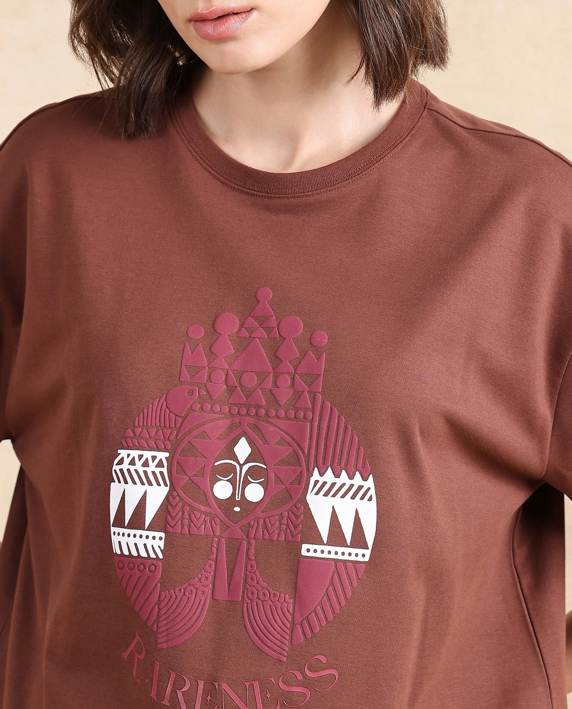 Rareism Women Patch Brown Cotton Blend Fabric Short Sleeve Crew Neck Oversized Fit Graphic Print T-Shirt