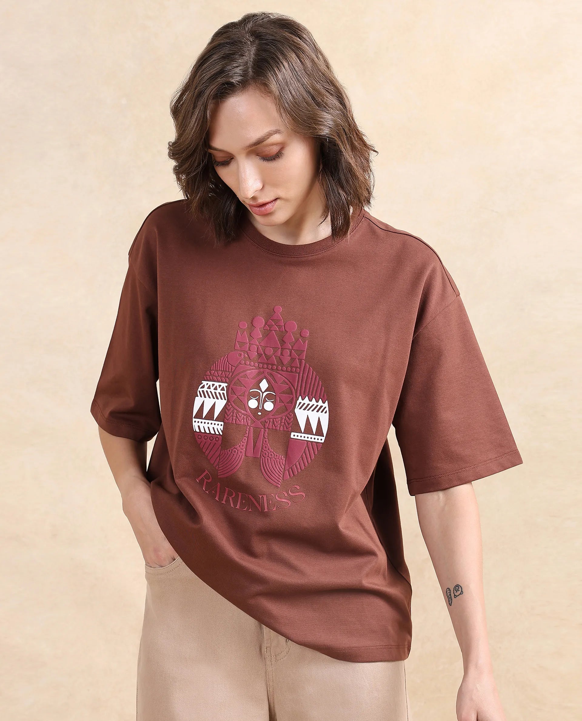 Rareism Women Patch Brown Cotton Blend Fabric Short Sleeve Crew Neck Oversized Fit Graphic Print T-Shirt