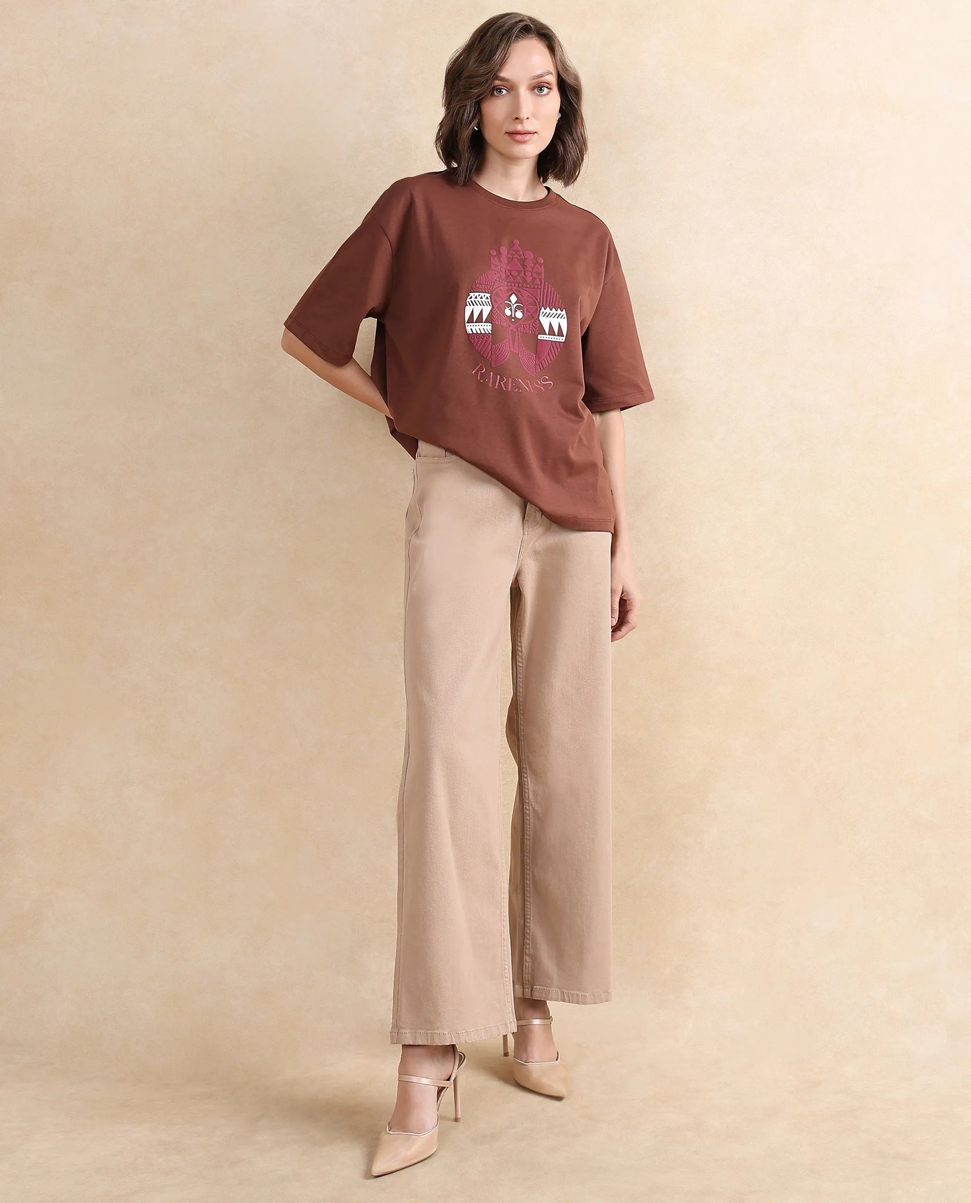 Rareism Women Patch Brown Cotton Blend Fabric Short Sleeve Crew Neck Oversized Fit Graphic Print T-Shirt