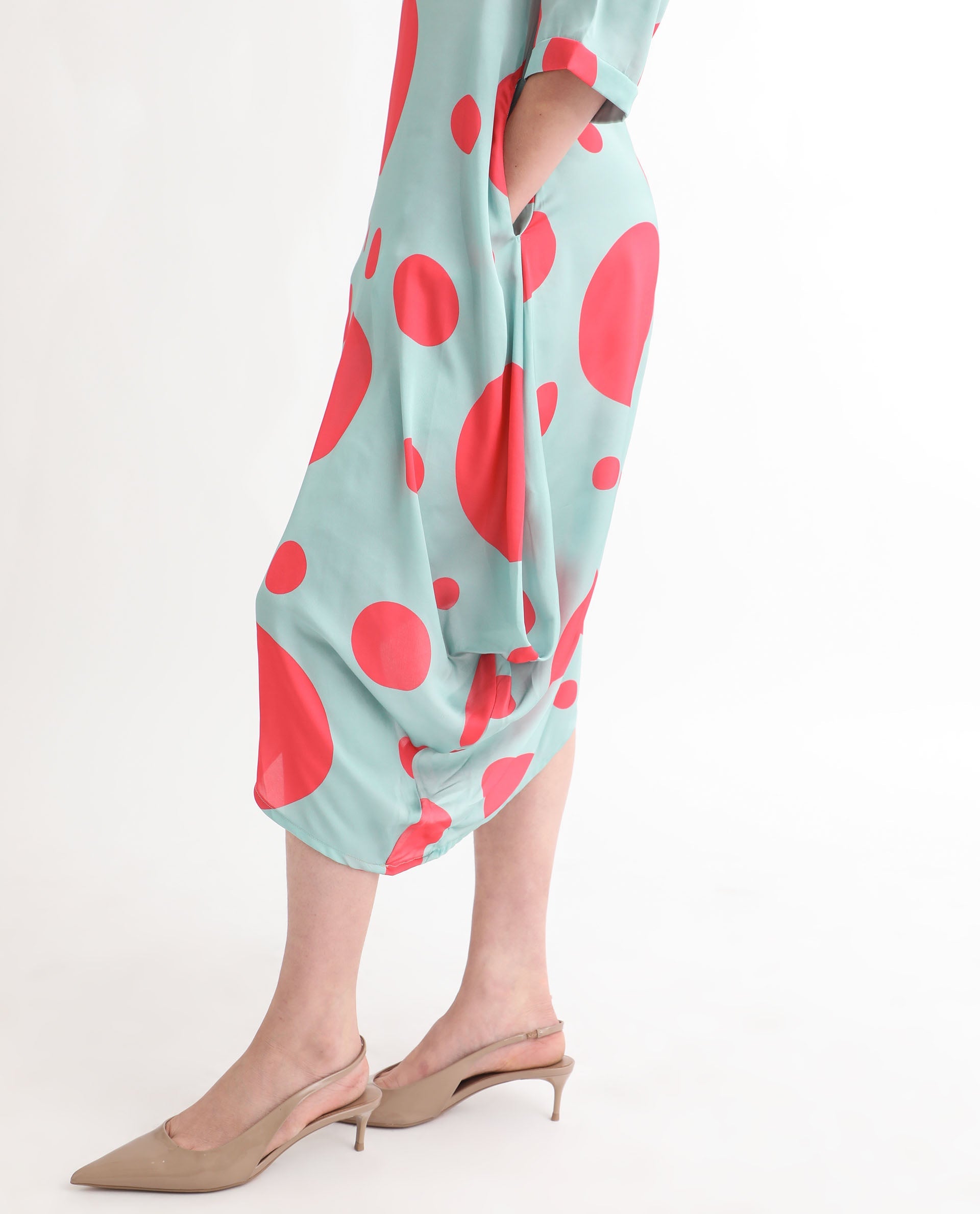 Rareism Women Paterson Light Turq Polyester Fabric 3/4Th Sleeves Zip Closure High Neck Slim Fit Polka Knee Length Asymmetric Dress