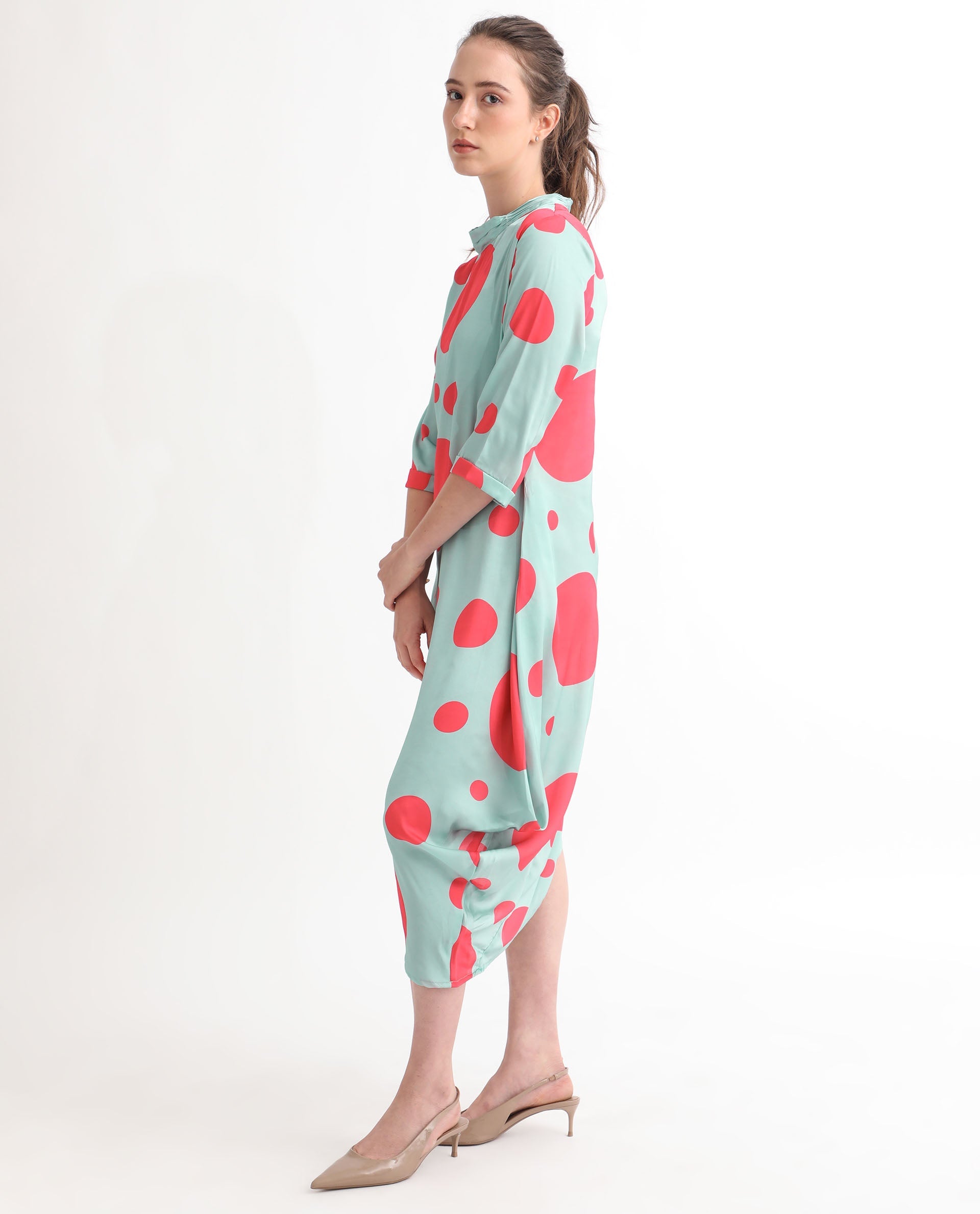 Rareism Women Paterson Light Turq Polyester Fabric 3/4Th Sleeves Zip Closure High Neck Slim Fit Polka Knee Length Asymmetric Dress