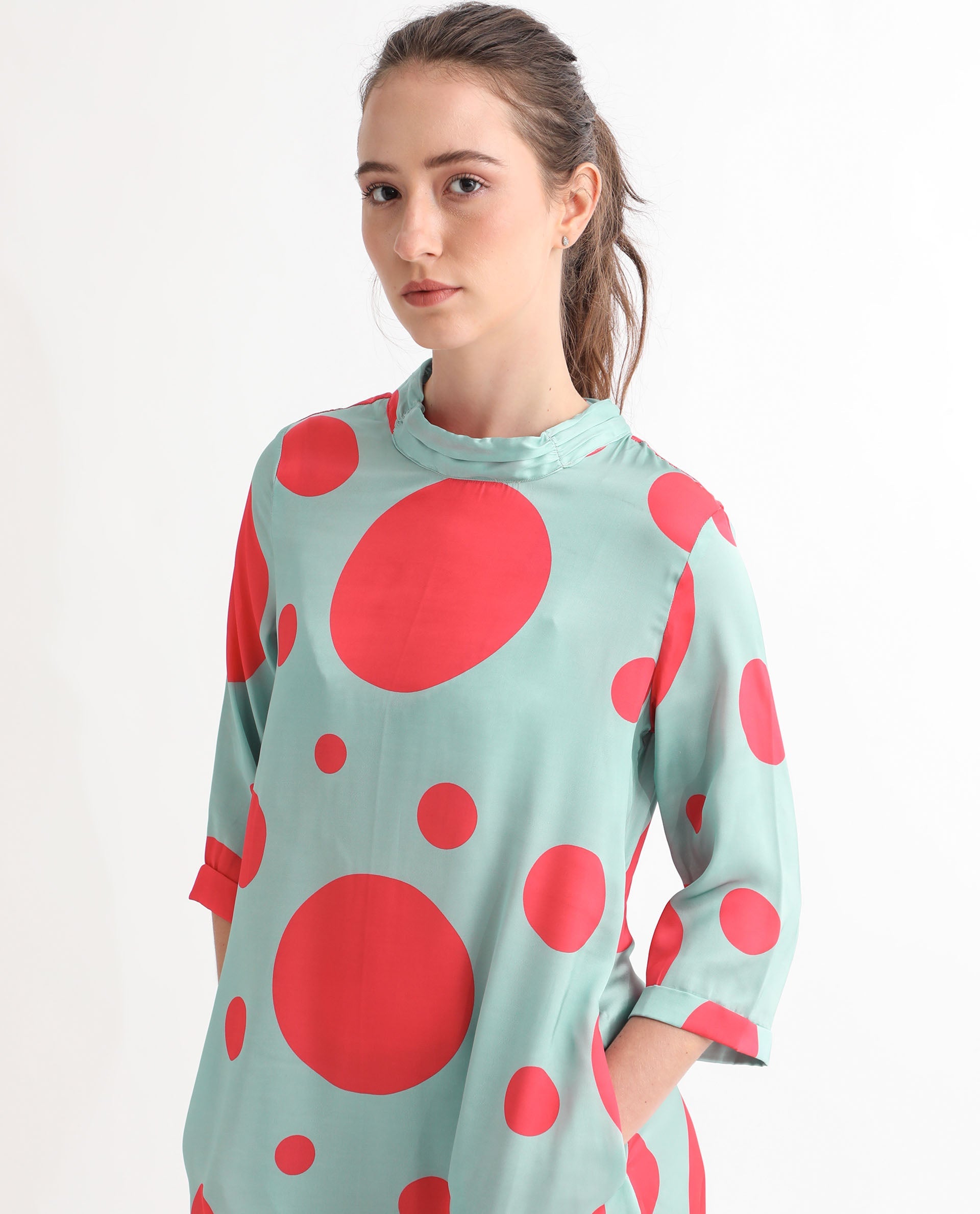 Rareism Women Paterson Light Turq Polyester Fabric 3/4Th Sleeves Zip Closure High Neck Slim Fit Polka Knee Length Asymmetric Dress