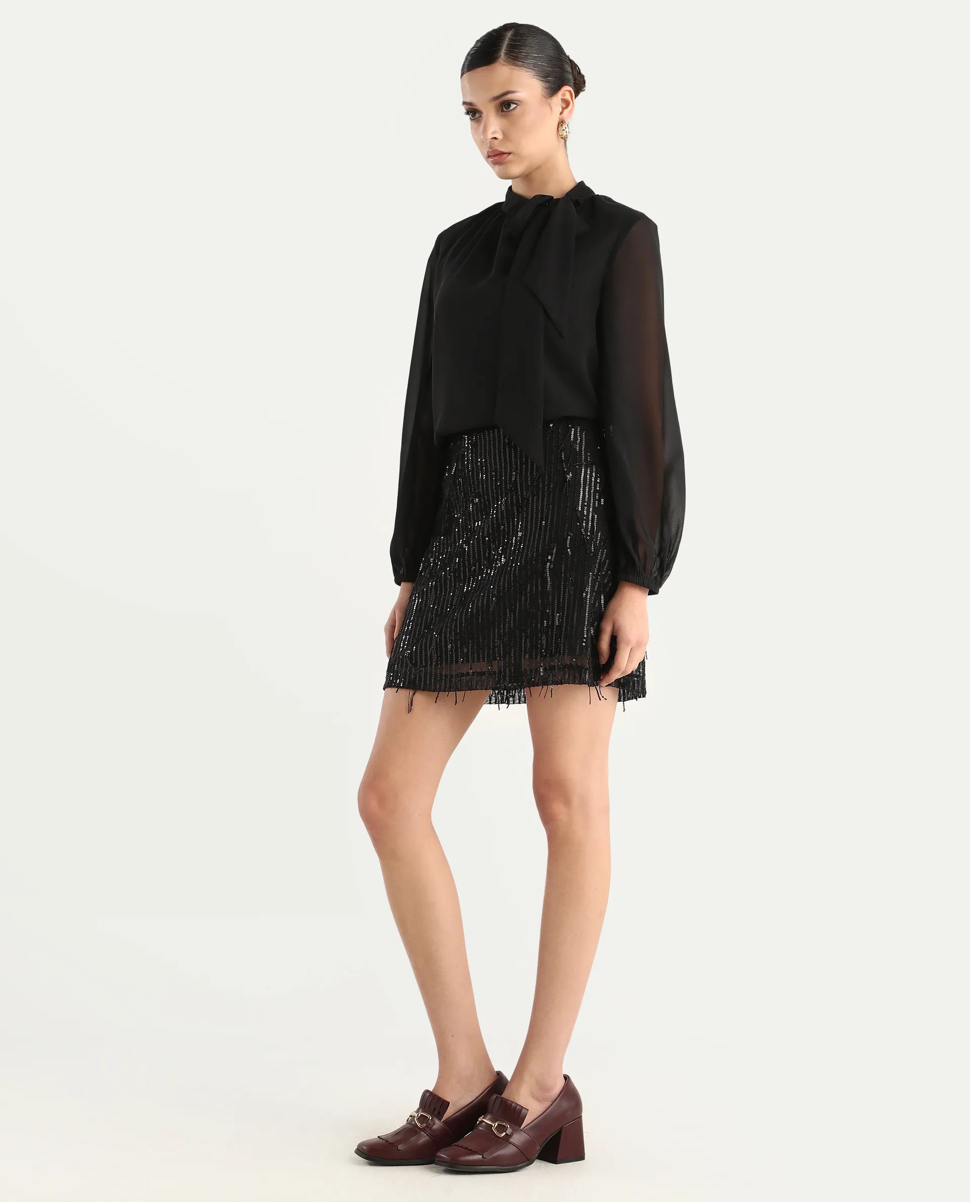 Rareism Women's Paulo Metallic Black Cotton Sequined Mini Regular Fit Skirt