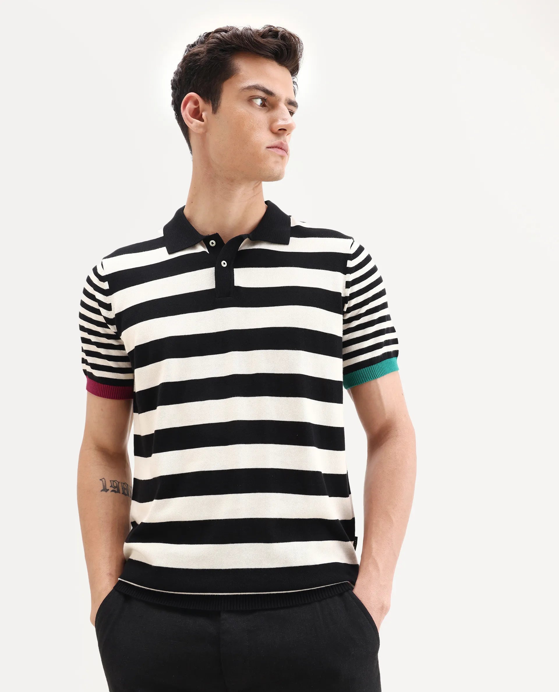 Rare Rabbit Men's Paulo Black Cotton Striped Print Regular Fit Half Sleeve Polo