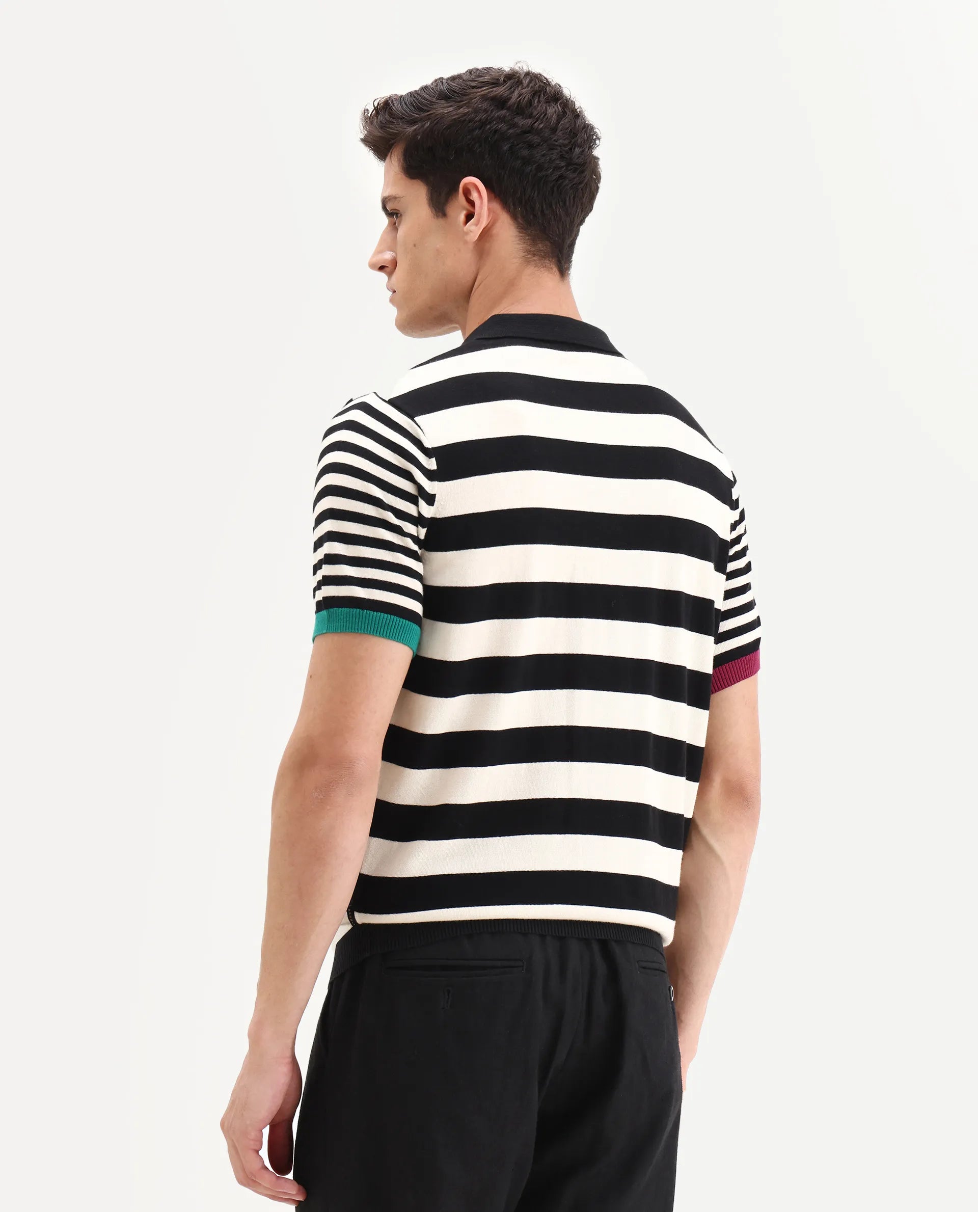 Rare Rabbit Men's Paulo Black Cotton Striped Print Regular Fit Half Sleeve Polo