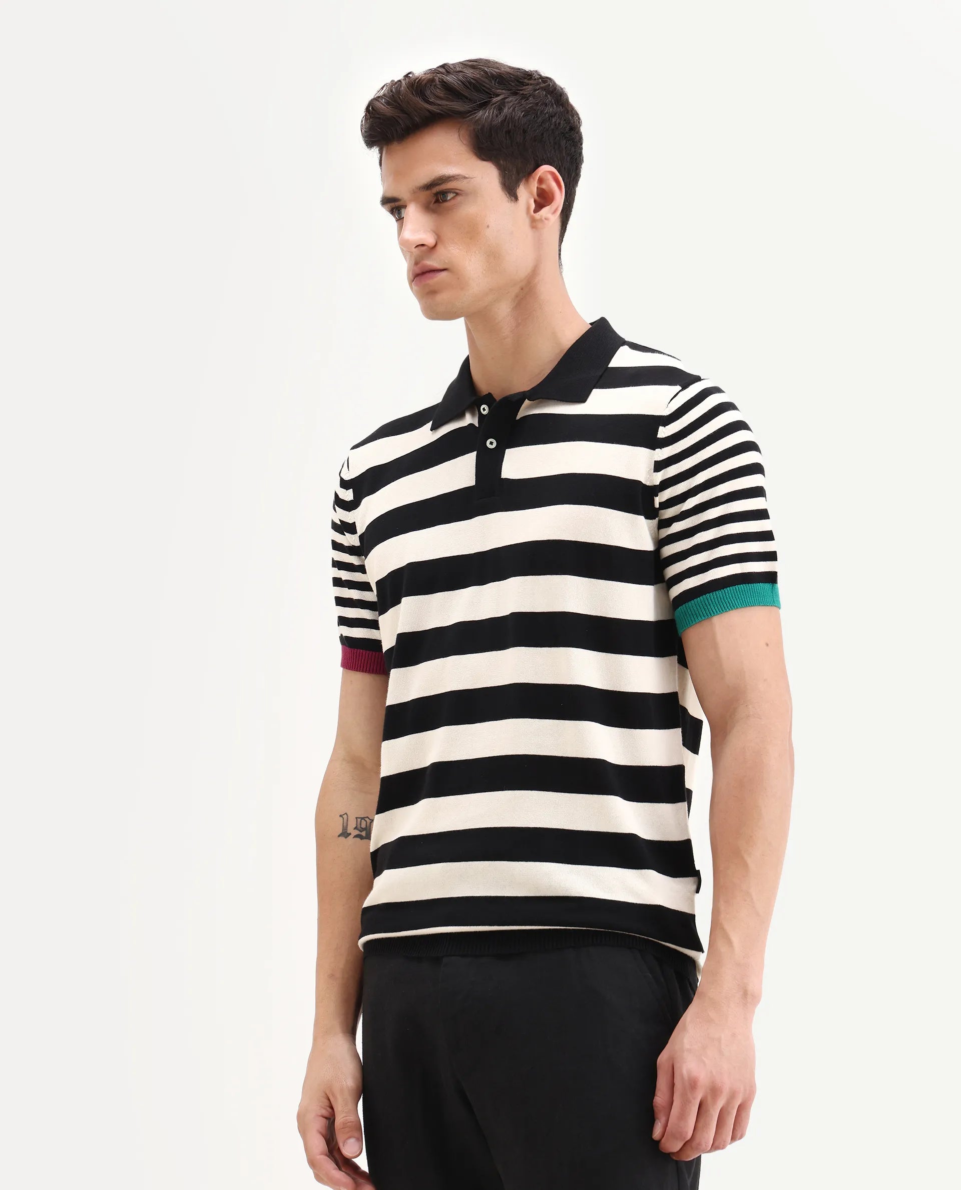 Rare Rabbit Men's Paulo Black Cotton Striped Print Regular Fit Half Sleeve Polo