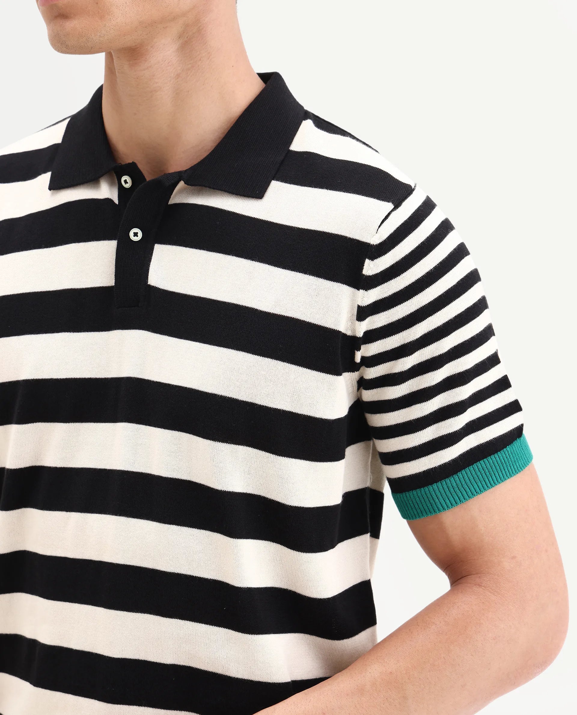 Rare Rabbit Men's Paulo Black Cotton Striped Print Regular Fit Half Sleeve Polo