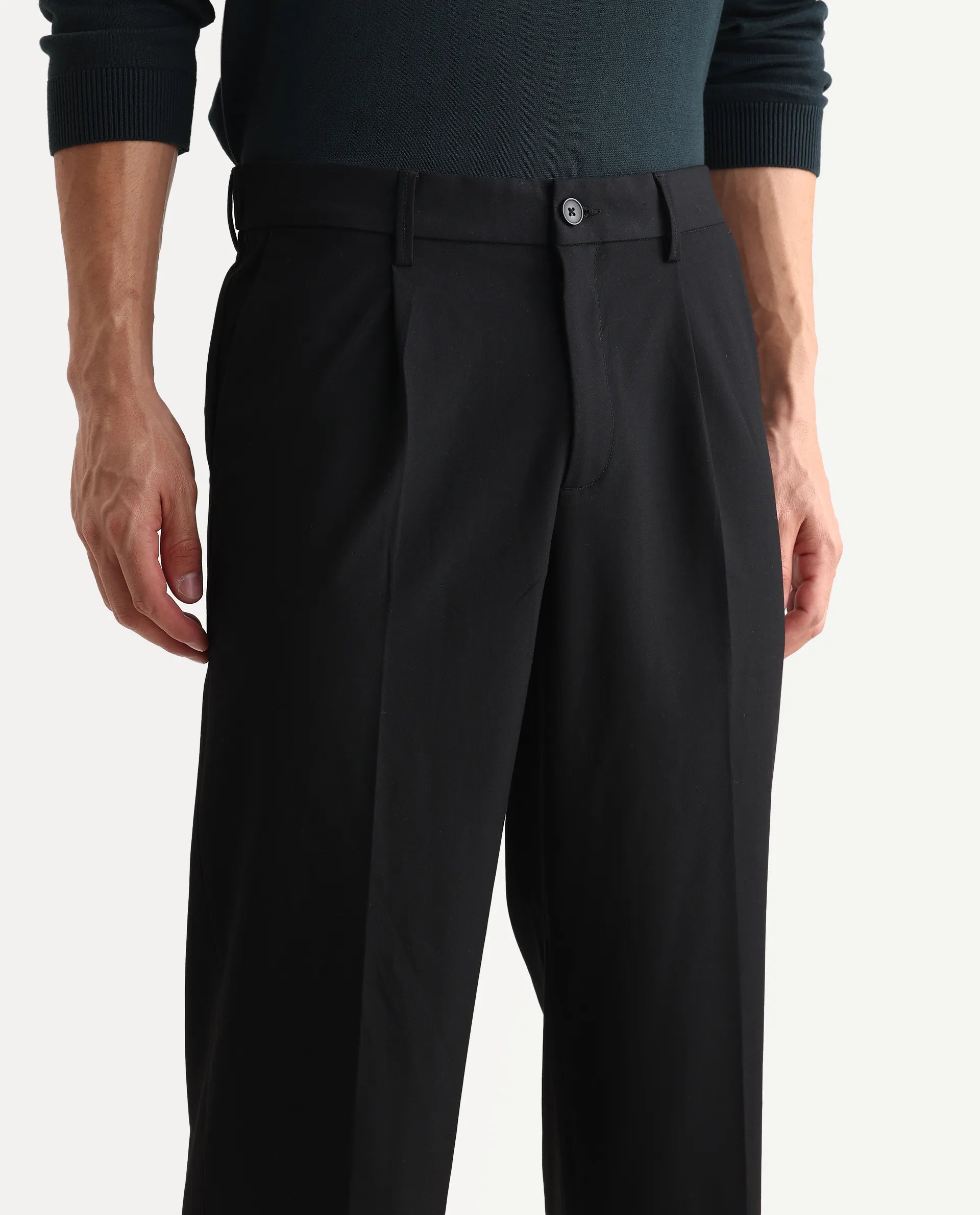 Rare Rabbit Men Pauls Black Polyester Blend Fabric Button Closure Plain Trouser