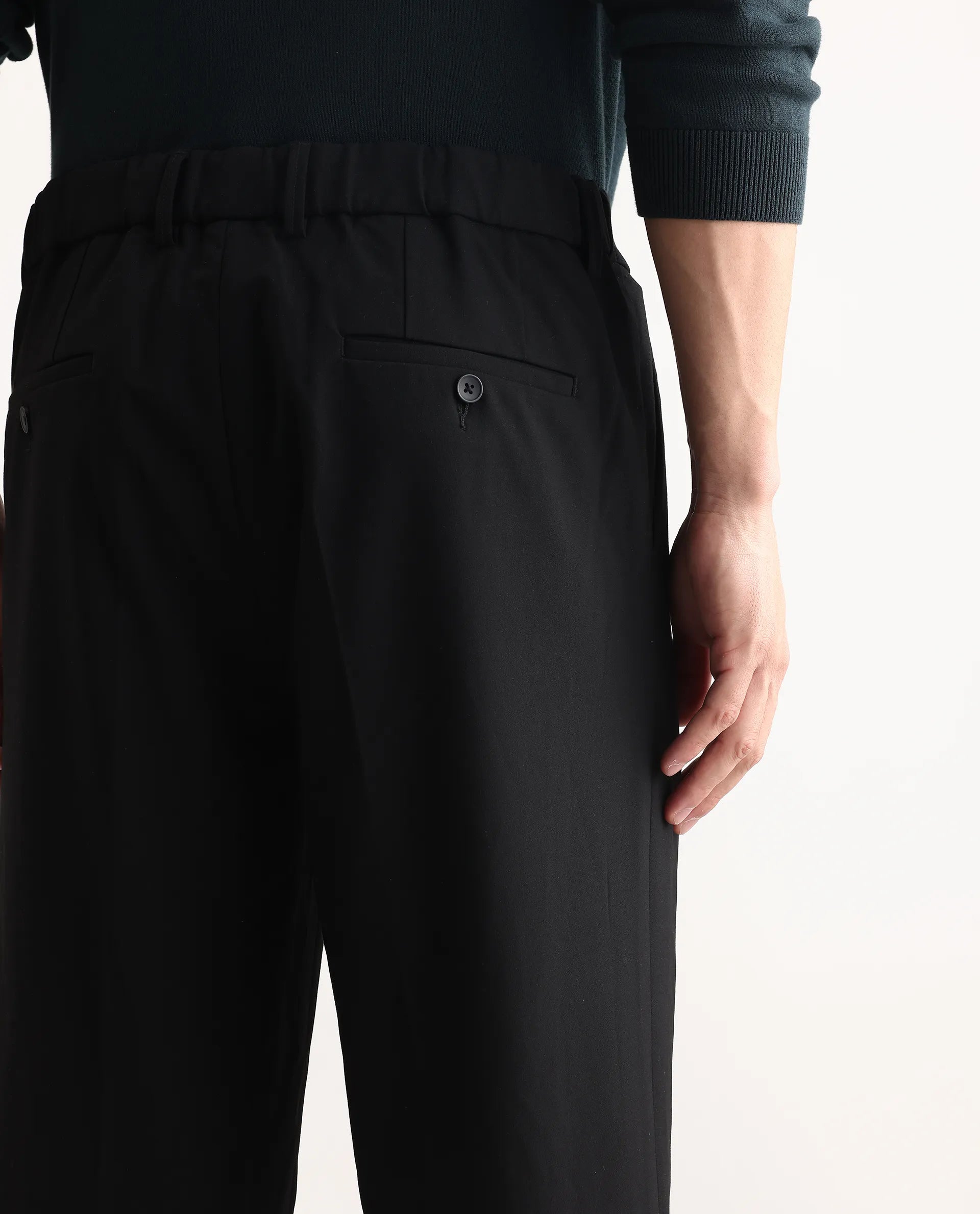 Rare Rabbit Men Pauls Black Polyester Blend Fabric Button Closure Plain Trouser