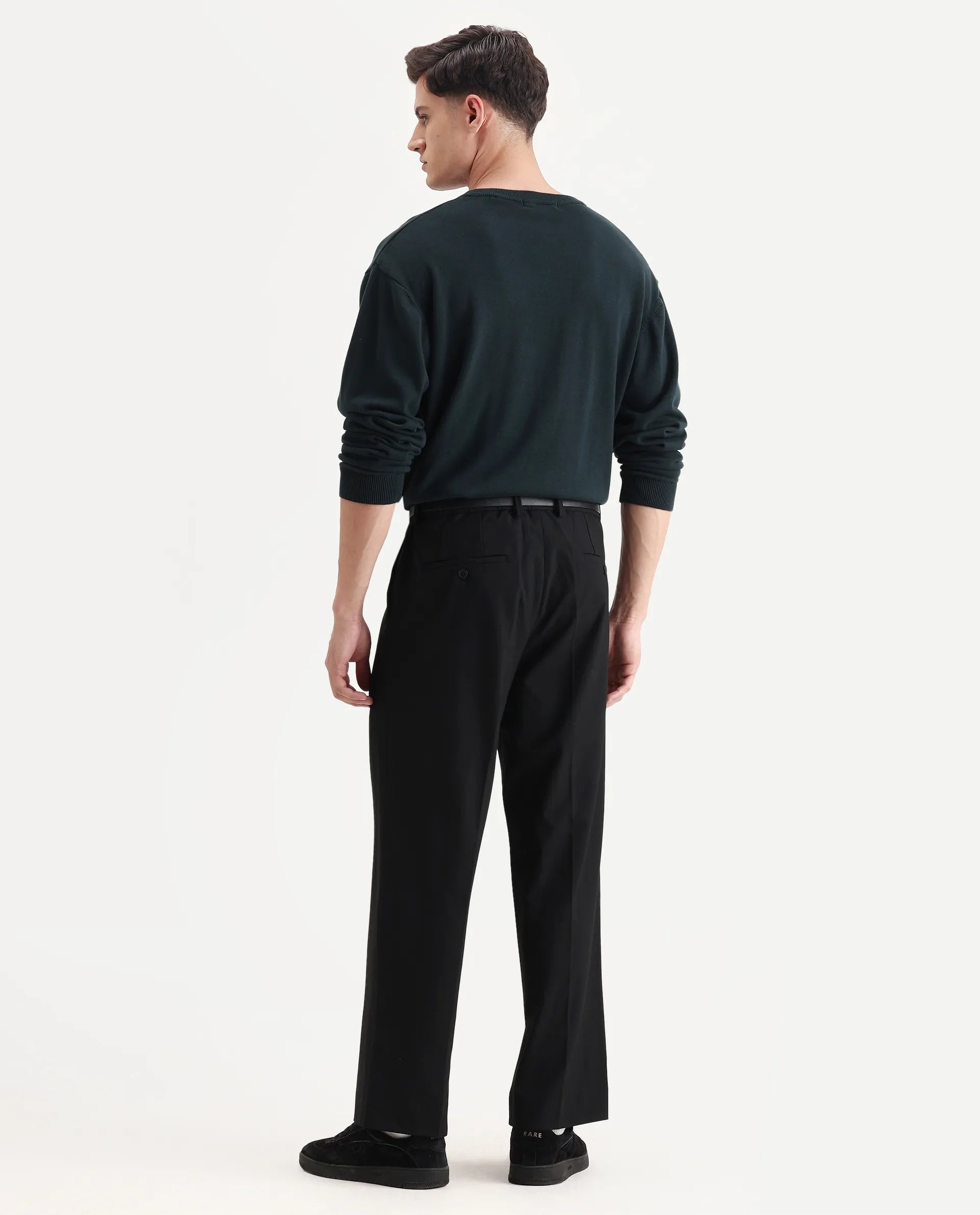 Rare Rabbit Men Pauls Black Polyester Blend Fabric Button Closure Plain Trouser