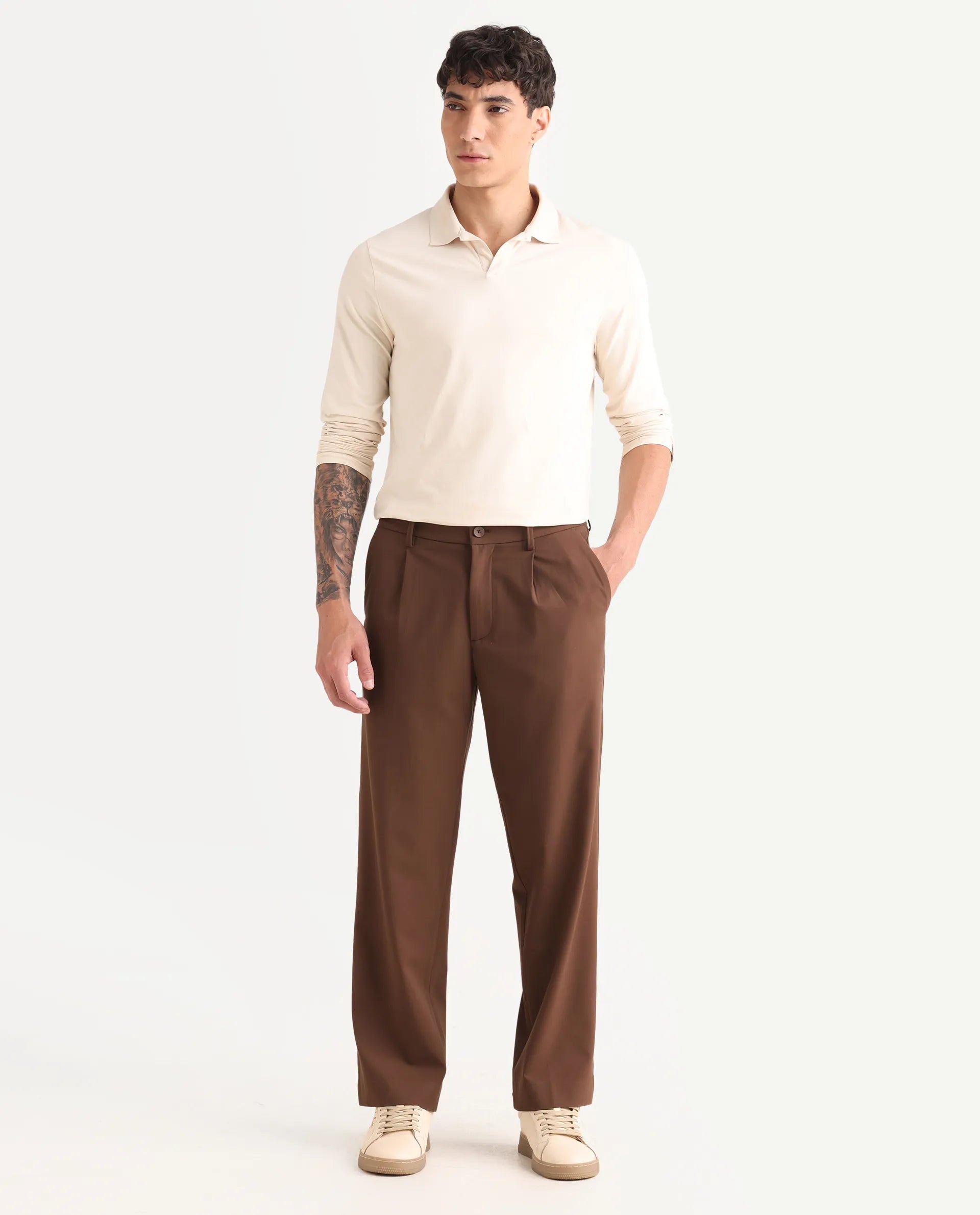 Rare Rabbit Men Pauls Brown Polyester Blend Fabric Button Closure Plain Trouser