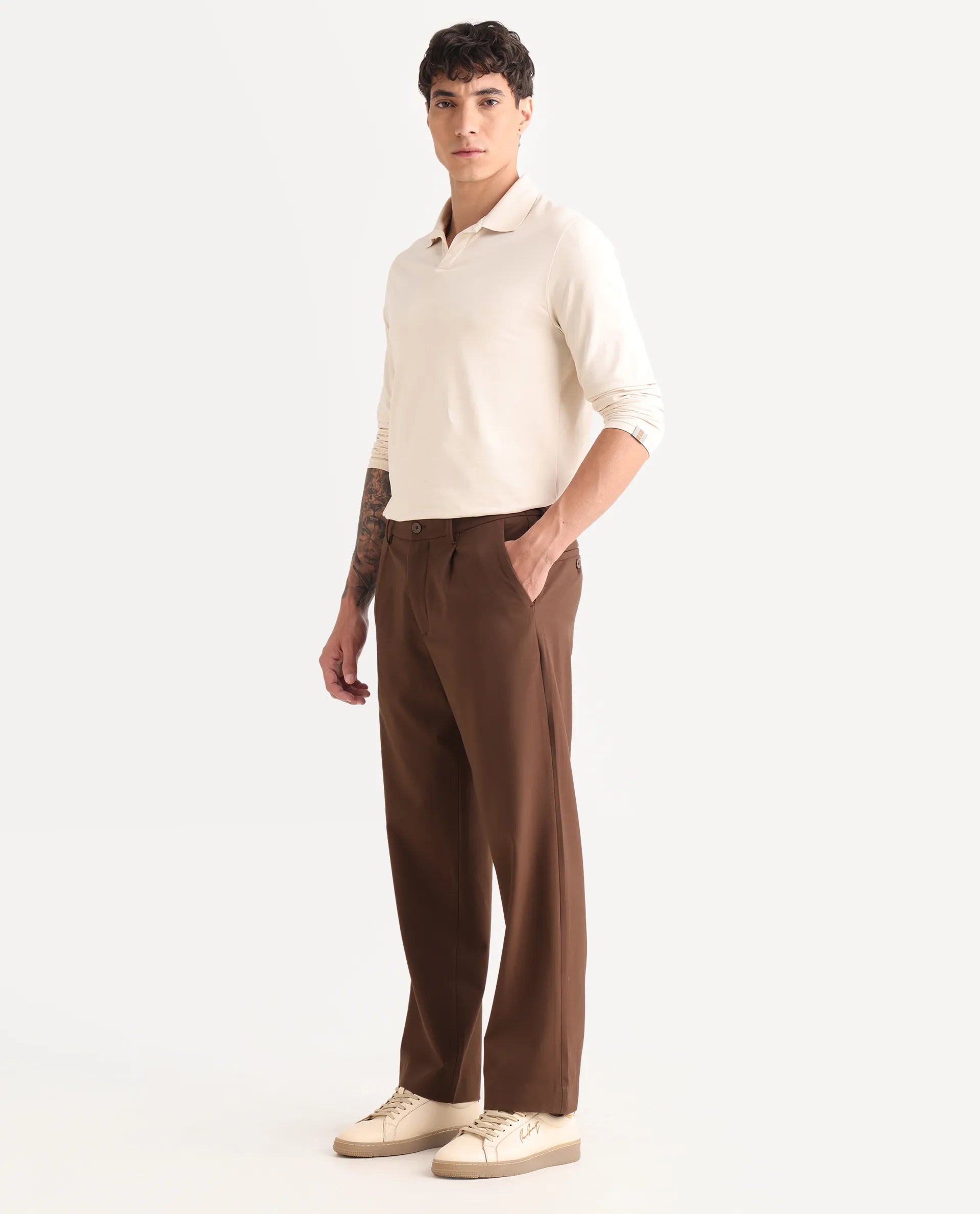 Rare Rabbit Men Pauls Brown Polyester Blend Fabric Button Closure Plain Trouser
