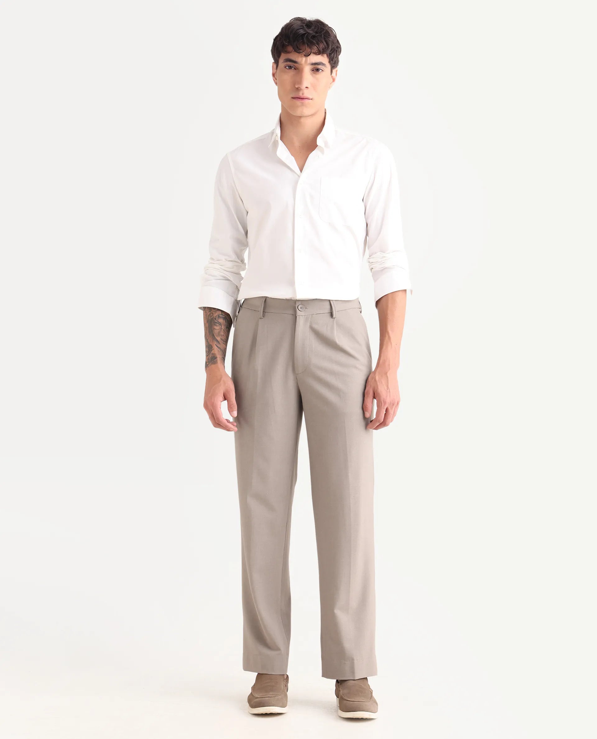 Rare Rabbit Men Pauls Dark Beige Polyester Blend Fabric Button Closure Plain Trouser