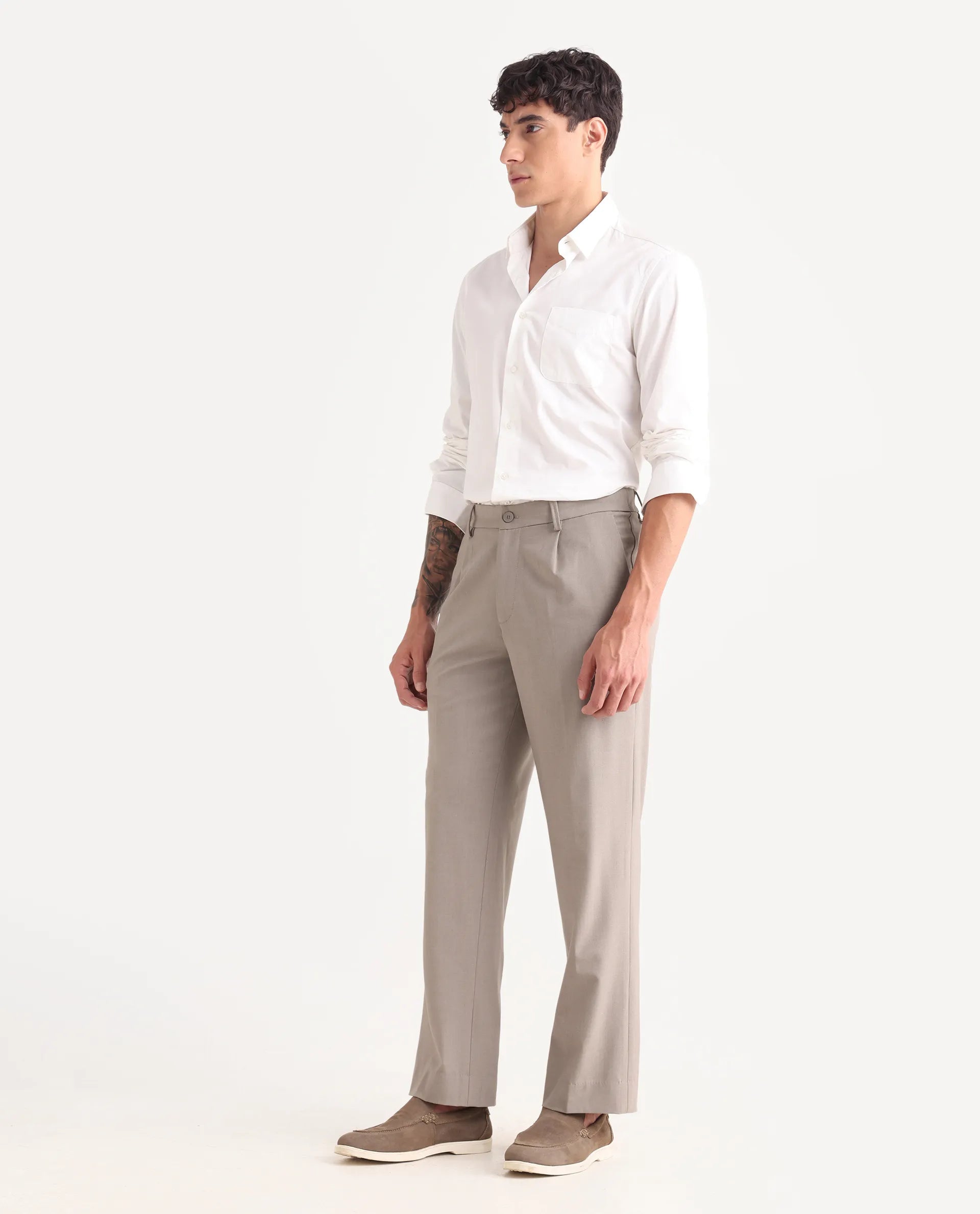 Rare Rabbit Men Pauls Dark Beige Polyester Blend Fabric Button Closure Plain Trouser