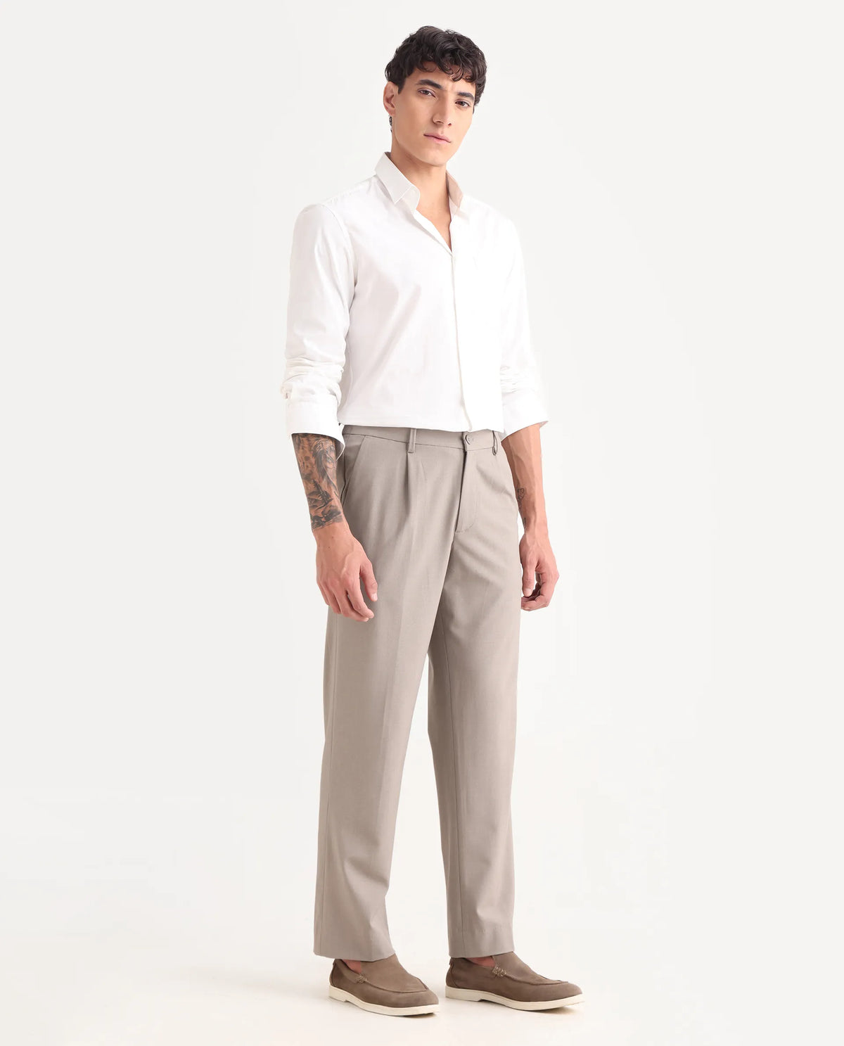 Rare Rabbit Men Pauls Dark Beige Polyester Blend Fabric Button Closure Plain Trouser