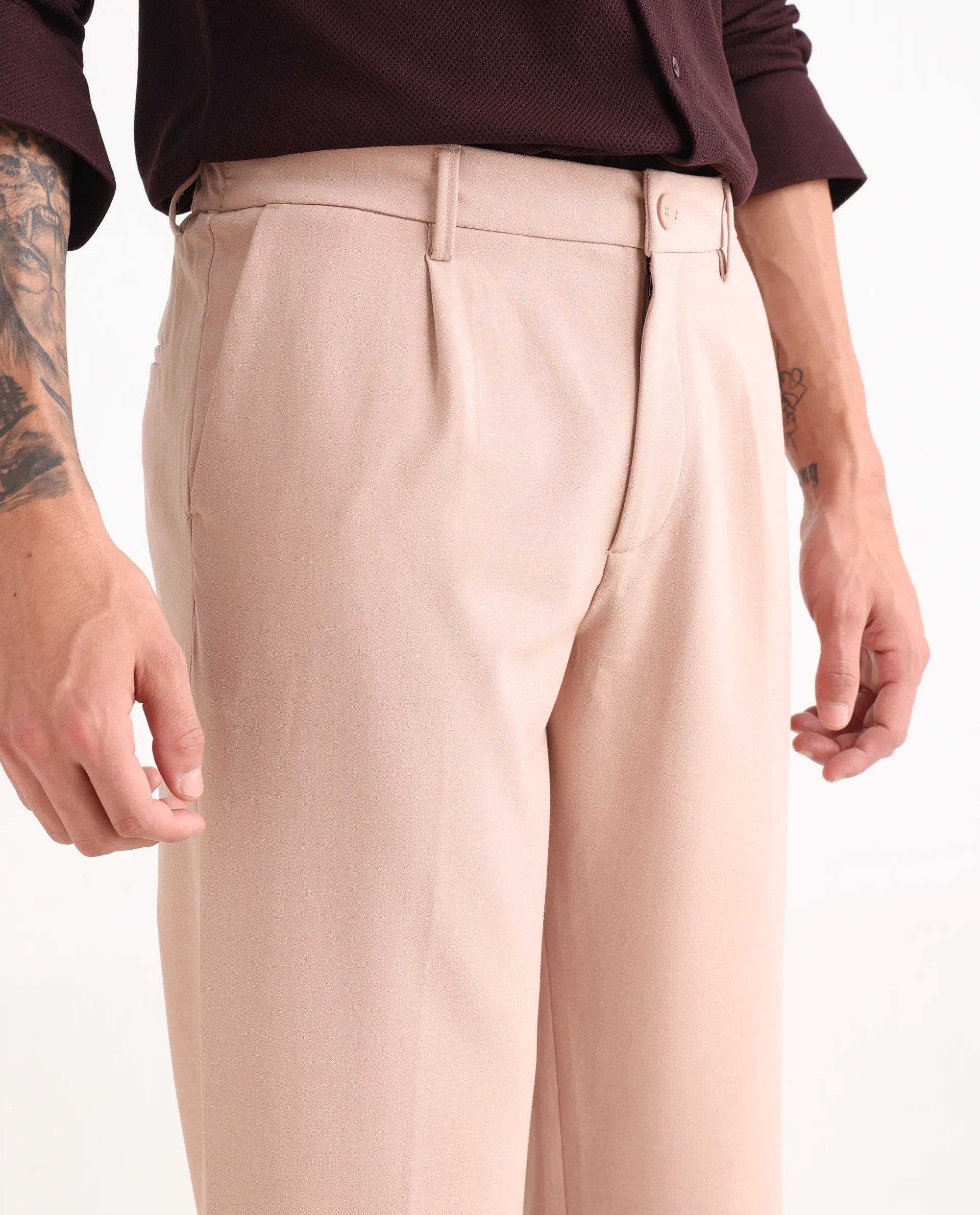 Rare Rabbit Men Pauls Tan Polyester Blend Fabric Button Closure Plain Trouser