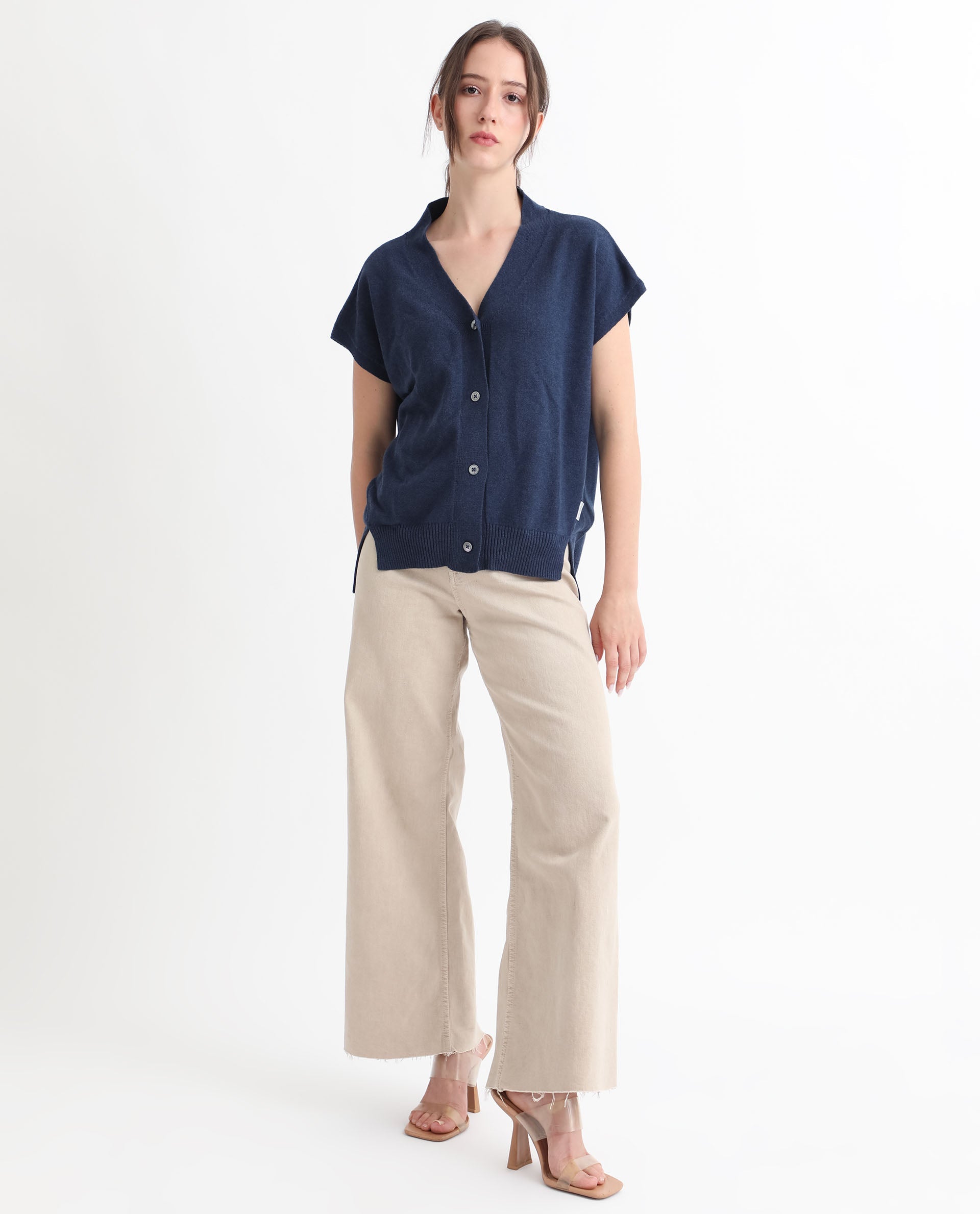 Rareism Women Pave Blue Cotton Fabric Half Sleeves Regular Fit Solid V-Neck Sweater