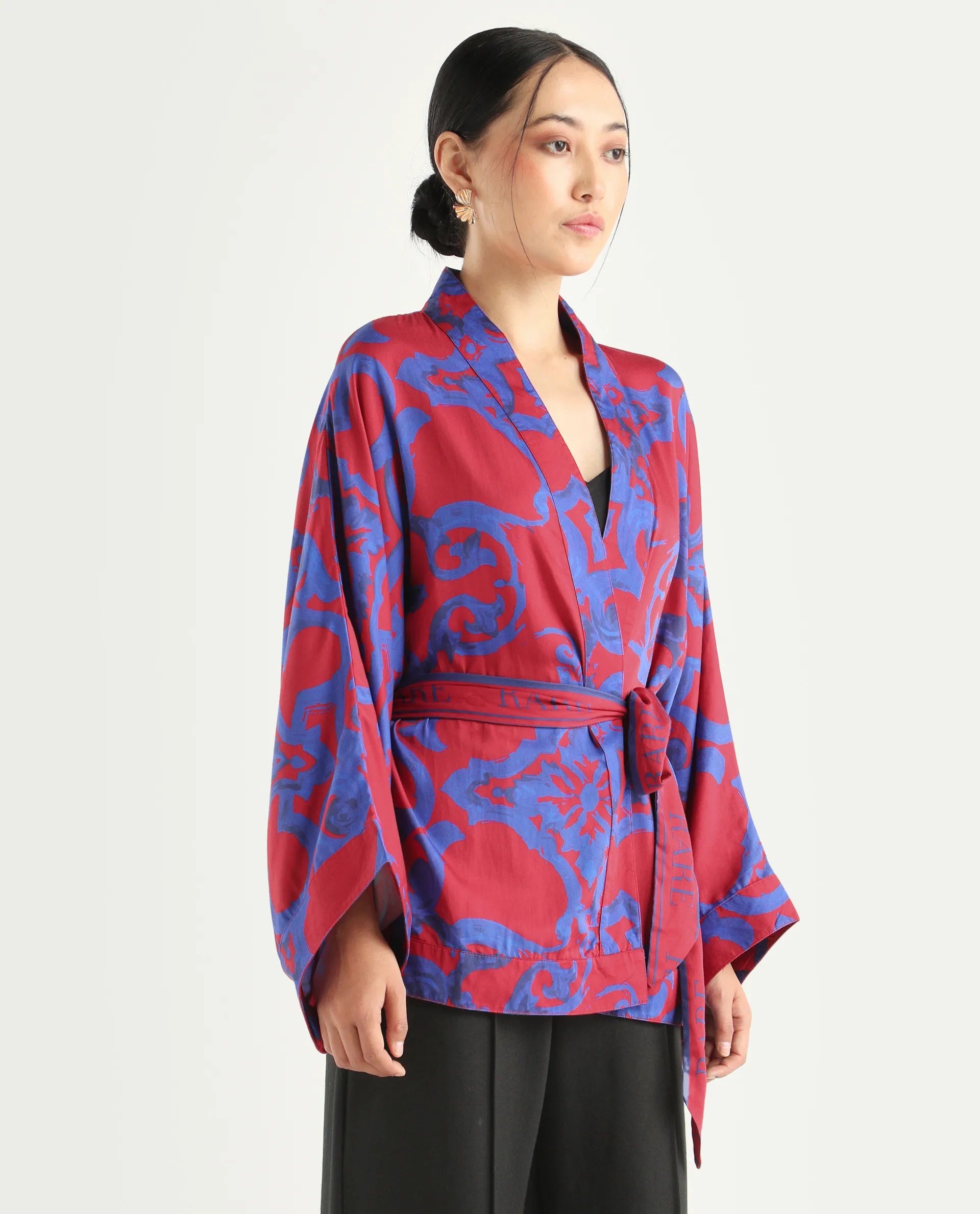 Rareism Women's Pavell Red Cotton Drop Collar Abstract Print Kimono Sleeve Regular Fit Top
