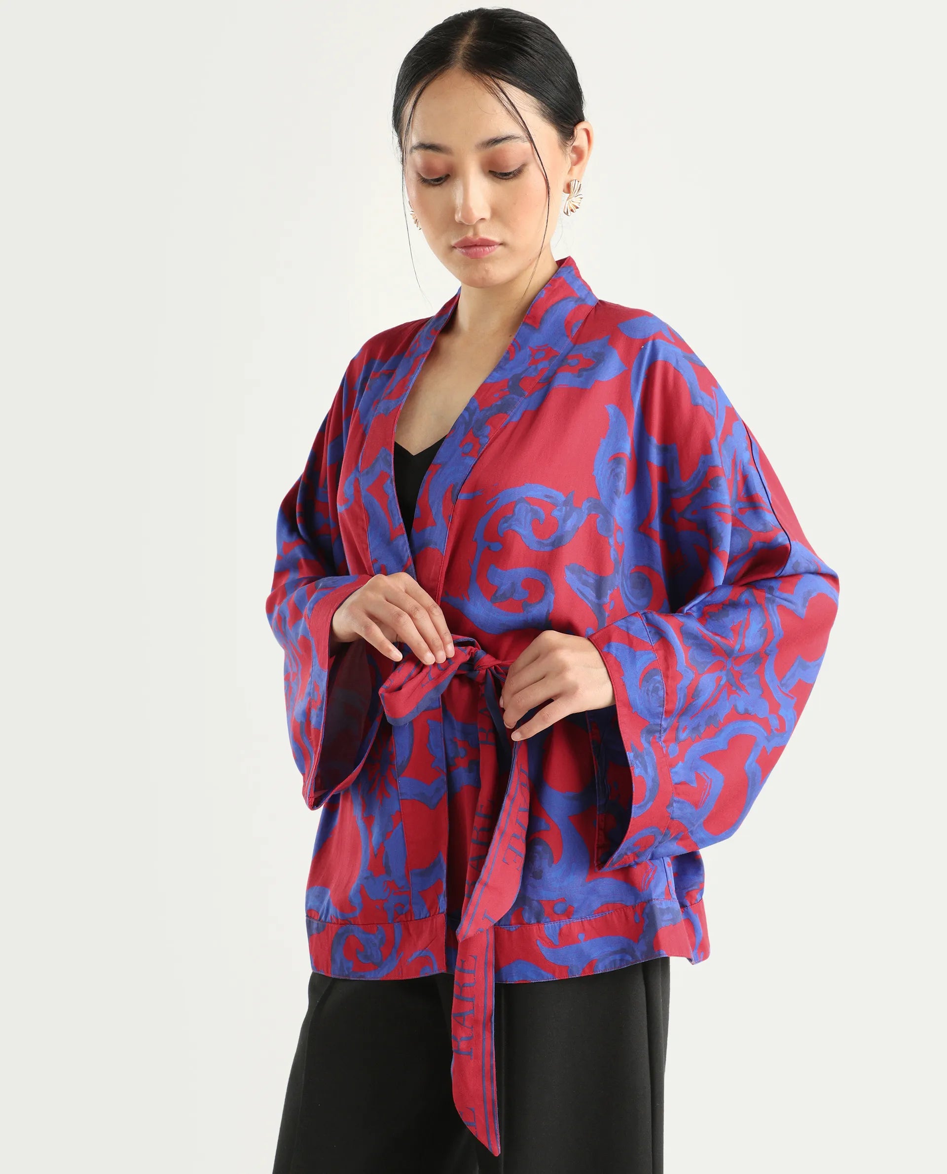 Rareism Women's Pavell Red Cotton Drop Collar Abstract Print Kimono Sleeve Regular Fit Top