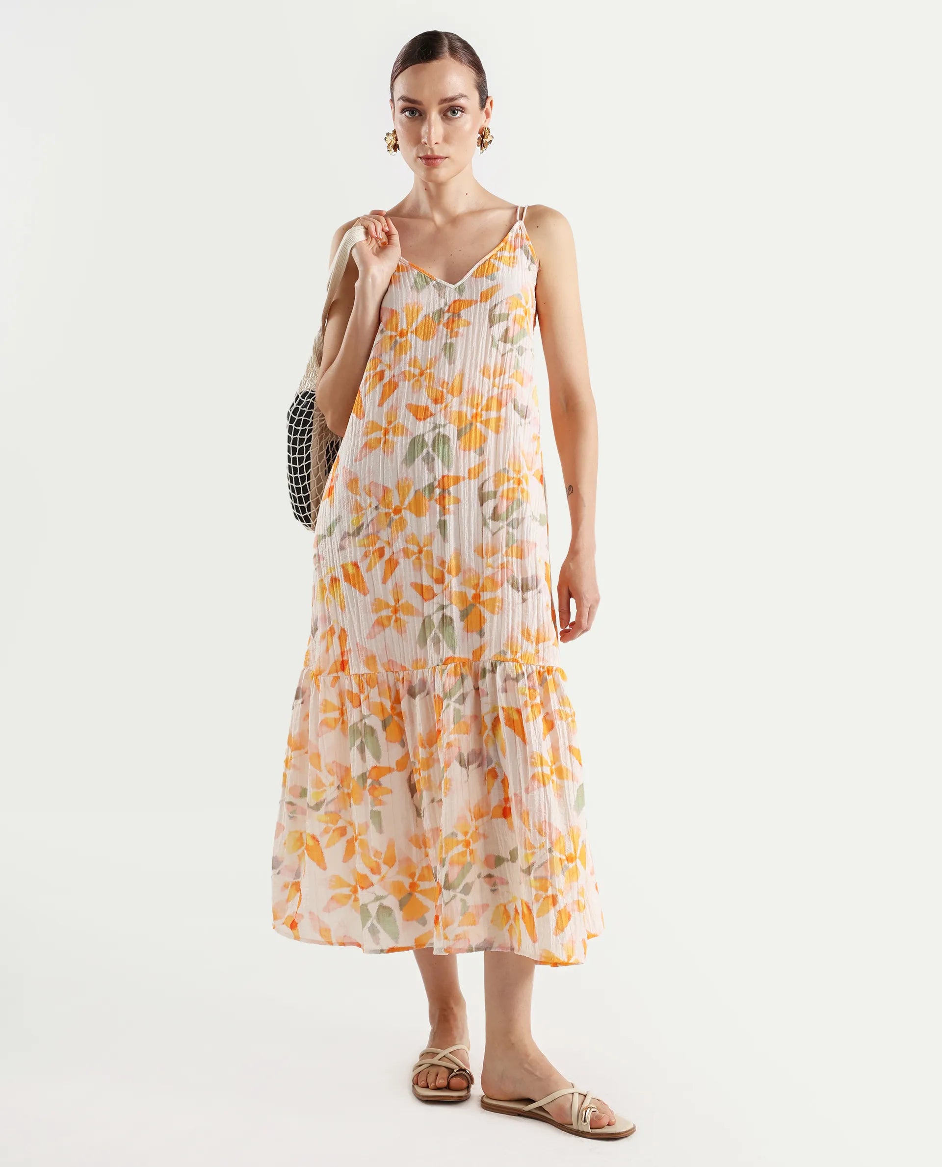 Rareism Women's Pavia Multi Nylon Blend Shoulder Strap Floral Print Sleeveless Maxi Regular Fit Dress