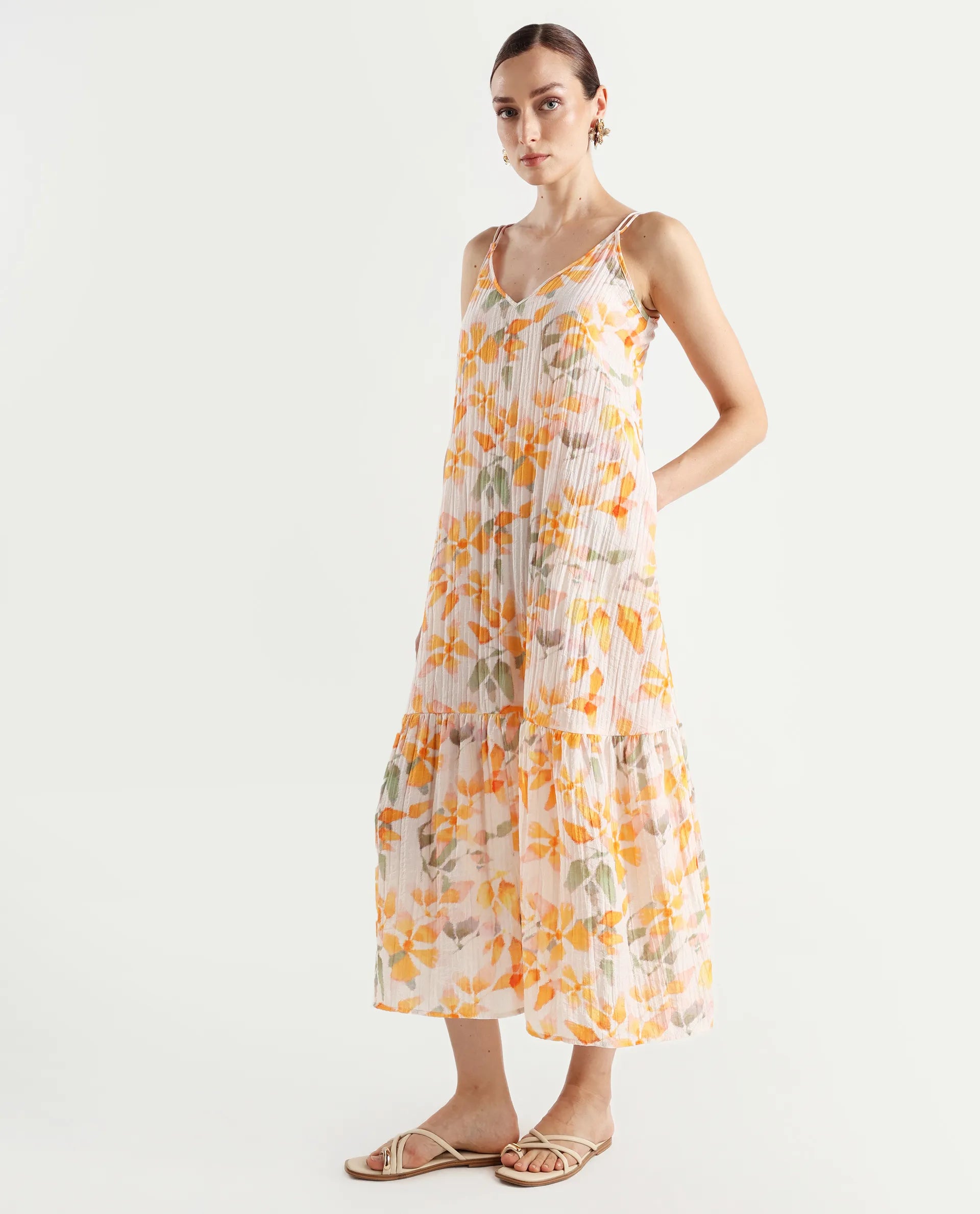 Rareism Women's Pavia Multi Nylon Blend Shoulder Strap Floral Print Sleeveless Maxi Regular Fit Dress