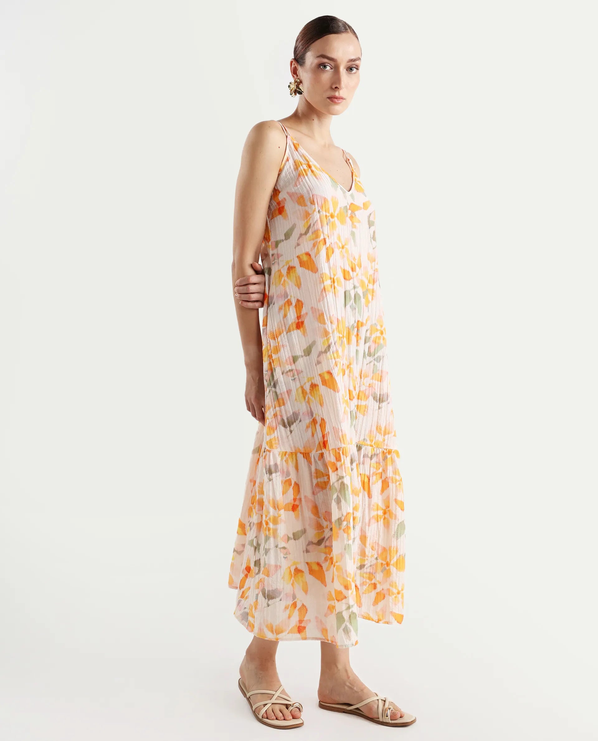 Rareism Women's Pavia Multi Nylon Blend Shoulder Strap Floral Print Sleeveless Maxi Regular Fit Dress