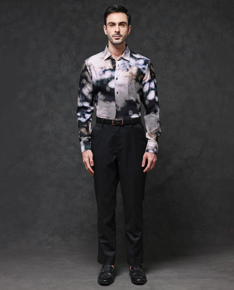 Rare Rabbit Mens Pavo Black Full Sleeve Abstract Print Viscose Fabric Shirt