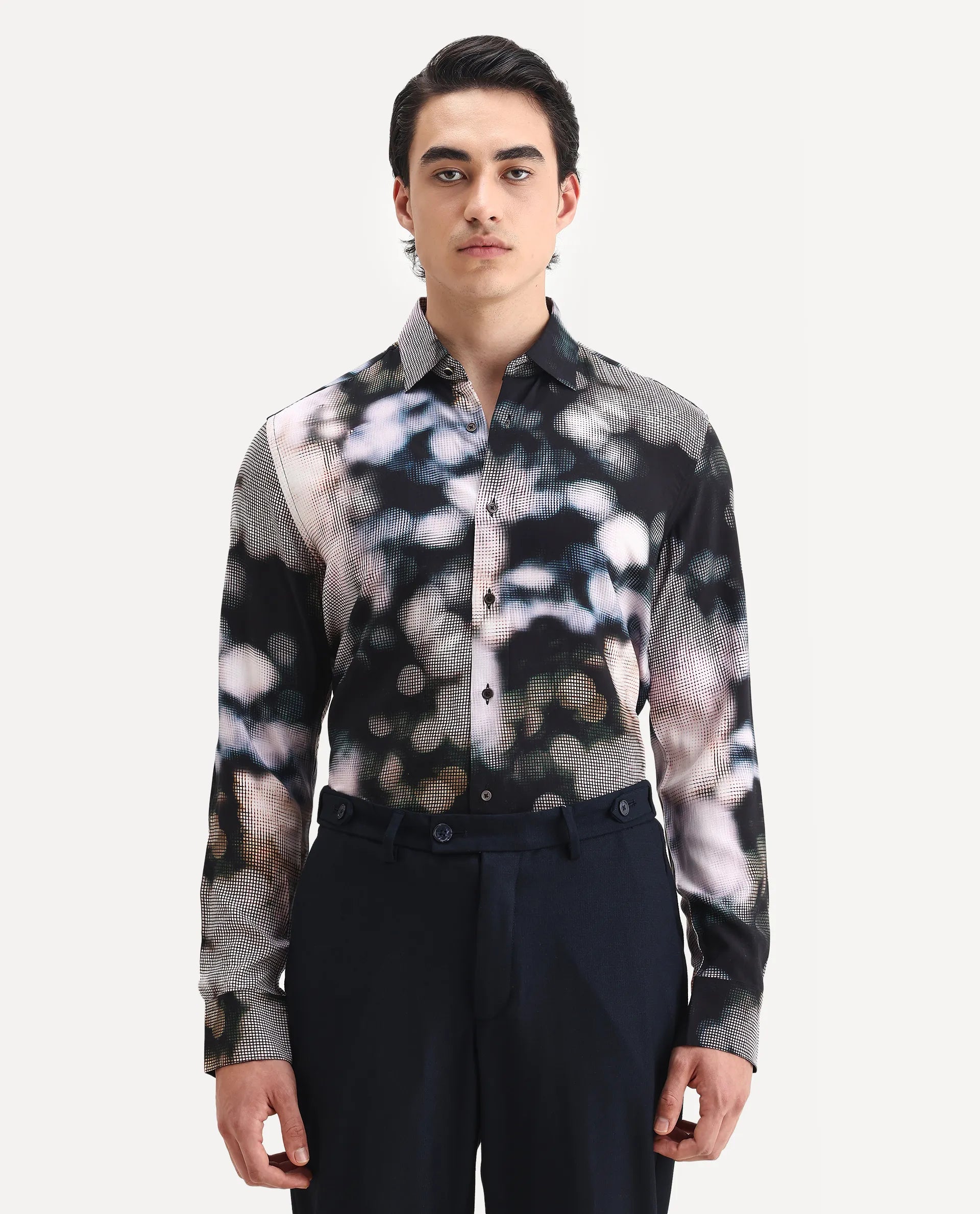 Rare Rabbit Men's Pavo Black Viscose Abstract Print Regular Fit Full Sleeve Collared Shirt