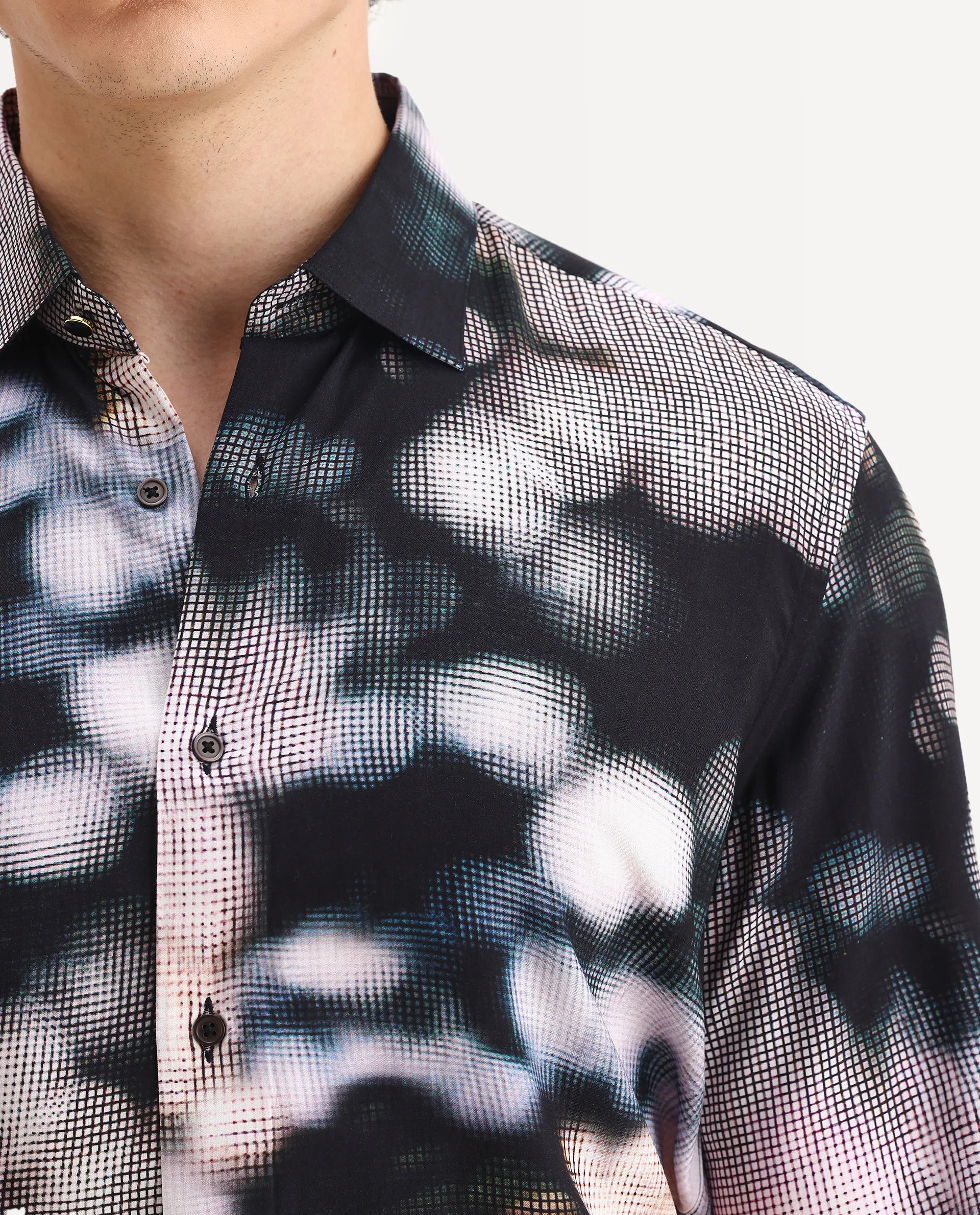 Rare Rabbit Men's Pavo Black Viscose Abstract Print Regular Fit Full Sleeve Collared Shirt