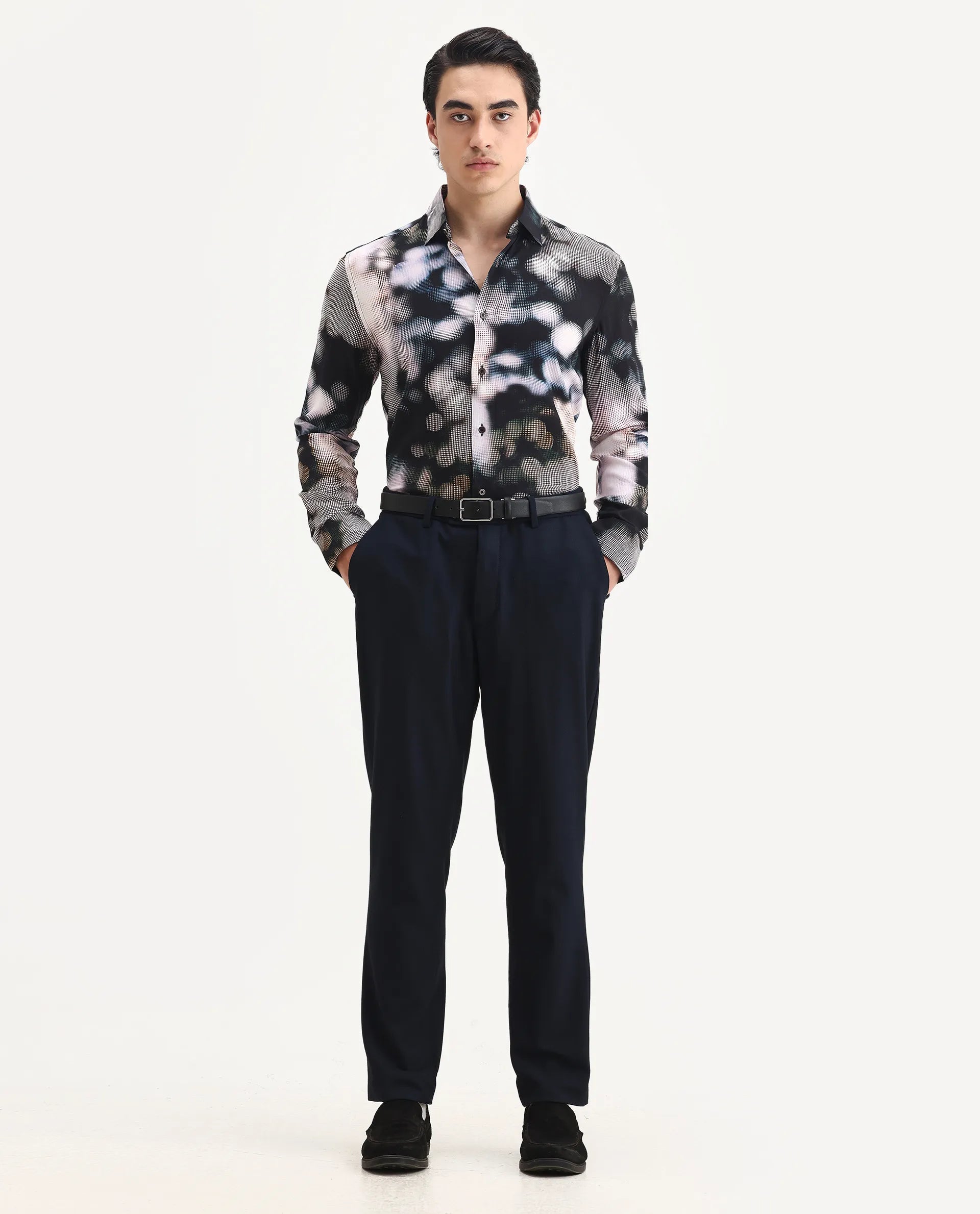 Rare Rabbit Men's Pavo Black Viscose Abstract Print Regular Fit Full Sleeve Collared Shirt