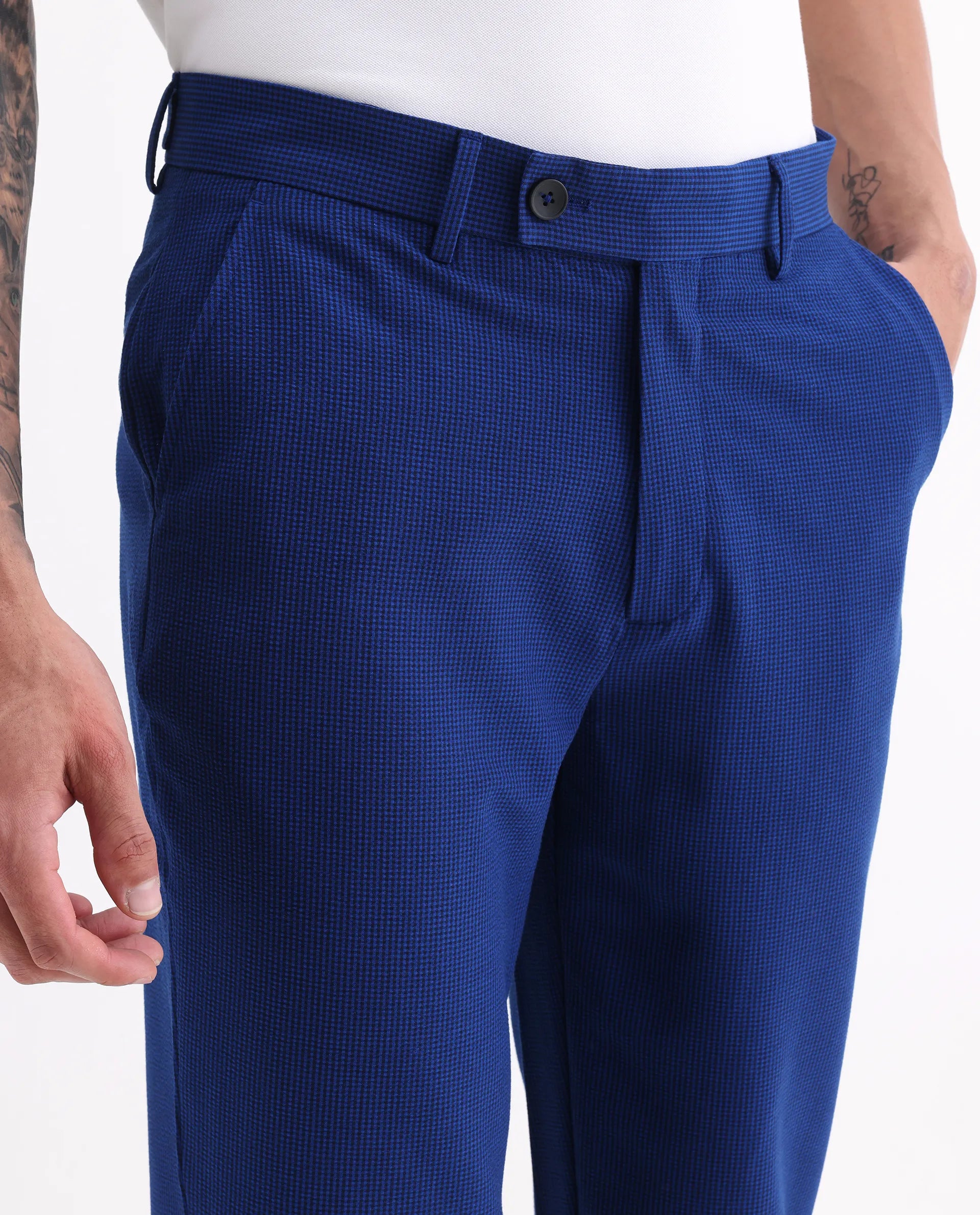 Rare Rabbit Men's Pax Blue Cotton Blend Plain Straight Fit Trouser