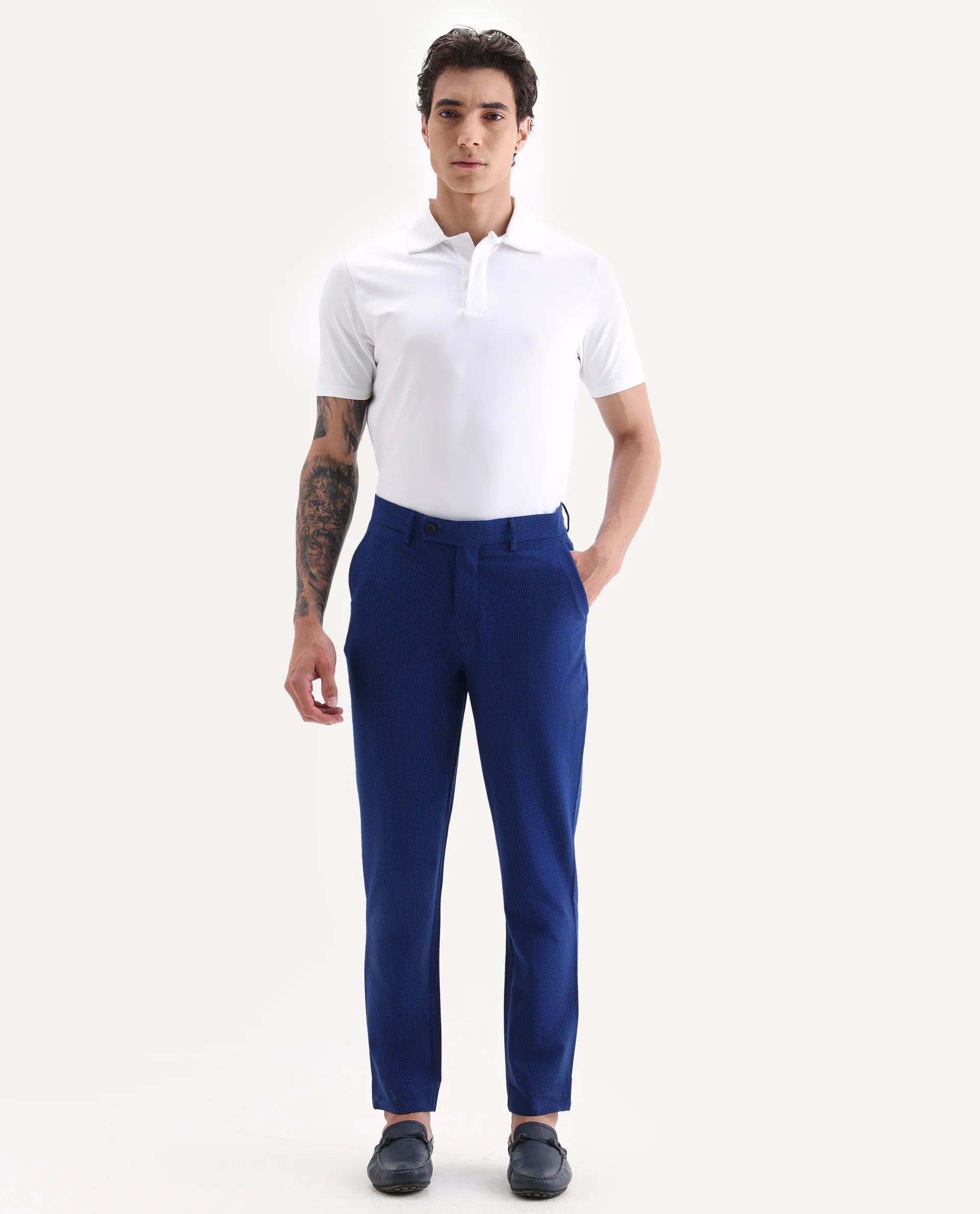 Rare Rabbit Men's Pax Blue Cotton Blend Plain Straight Fit Trouser