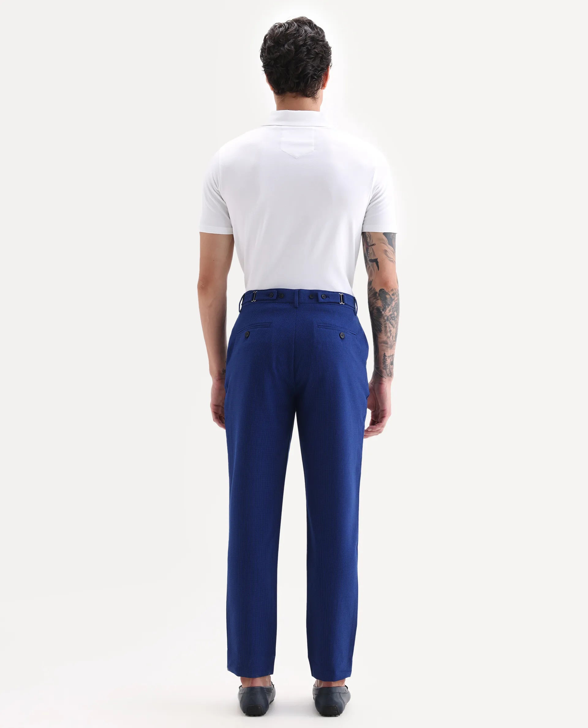 Rare Rabbit Men's Pax Blue Cotton Blend Plain Straight Fit Trouser