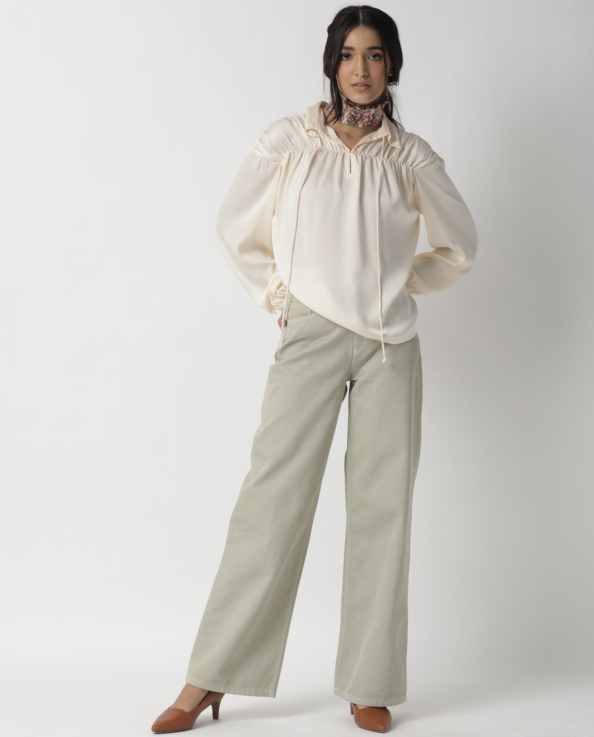 Rareism Women Paxo Off White Poly Cotton Fabric Regular Fit Tie-Up Neck Full Sleeves Solid Top