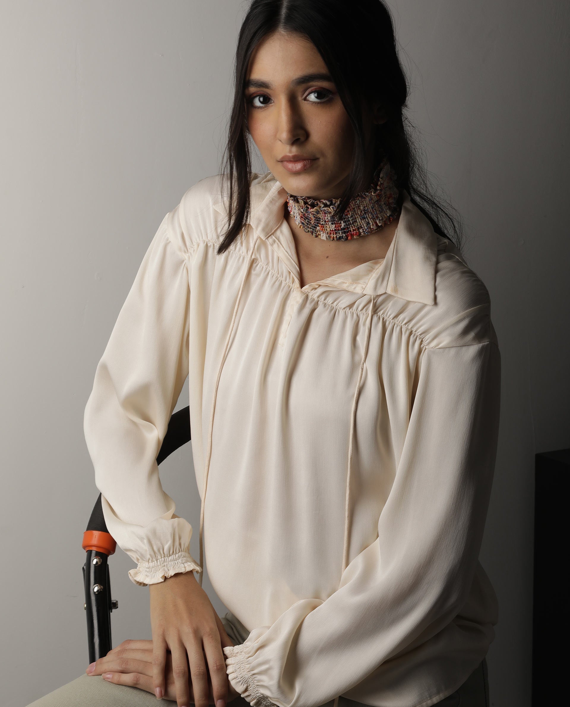 Rareism Women Paxo Off White Poly Cotton Fabric Regular Fit Tie-Up Neck Full Sleeves Solid Top