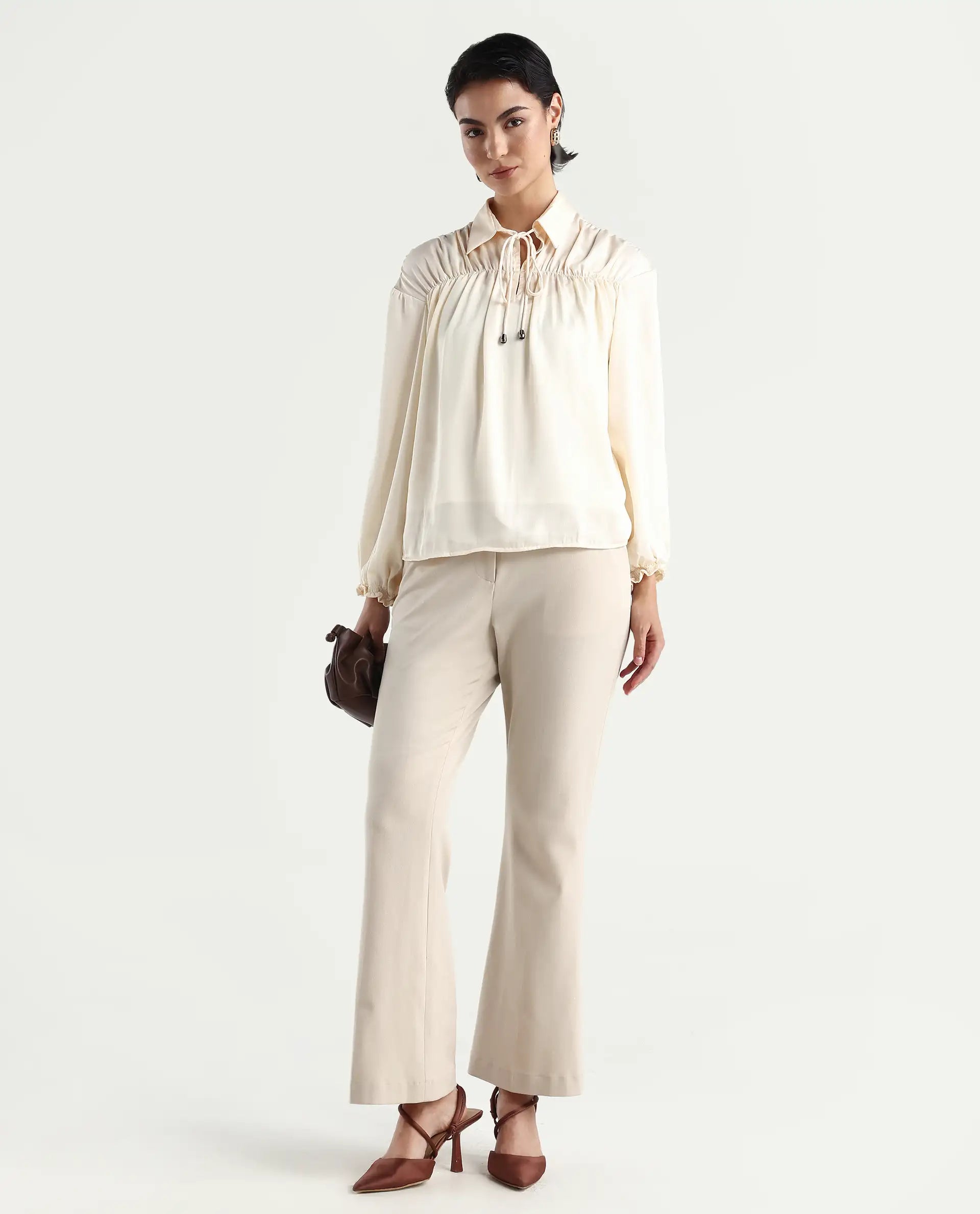 Rareism Women's Paxo Offwhite Polyester Blend Tie-Up Neck Plain Regular Fit Top